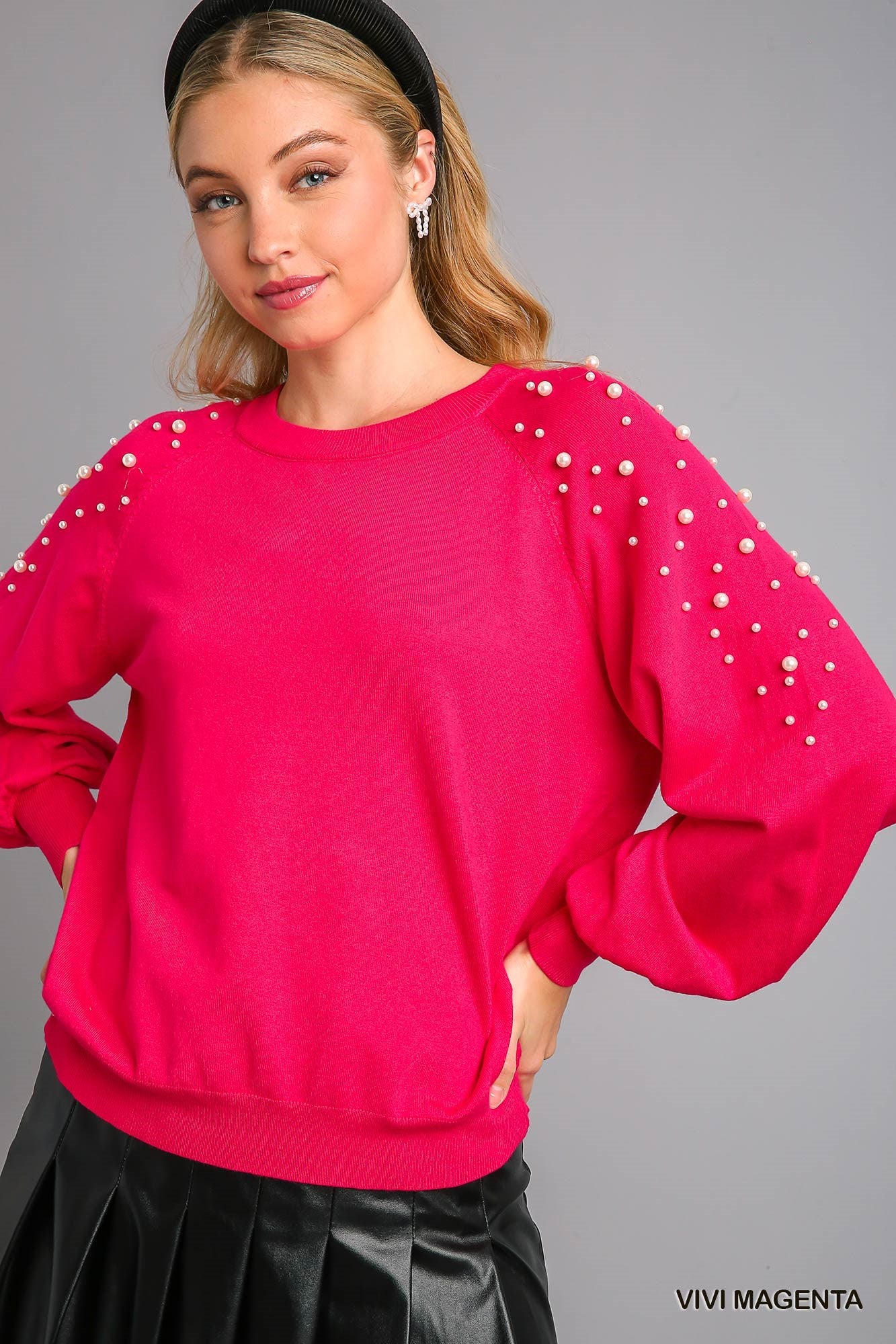 Umgee Round Neck Pullover Sweater With Long Sleeve Pearl Details Top - Roulhac Fashion Boutique