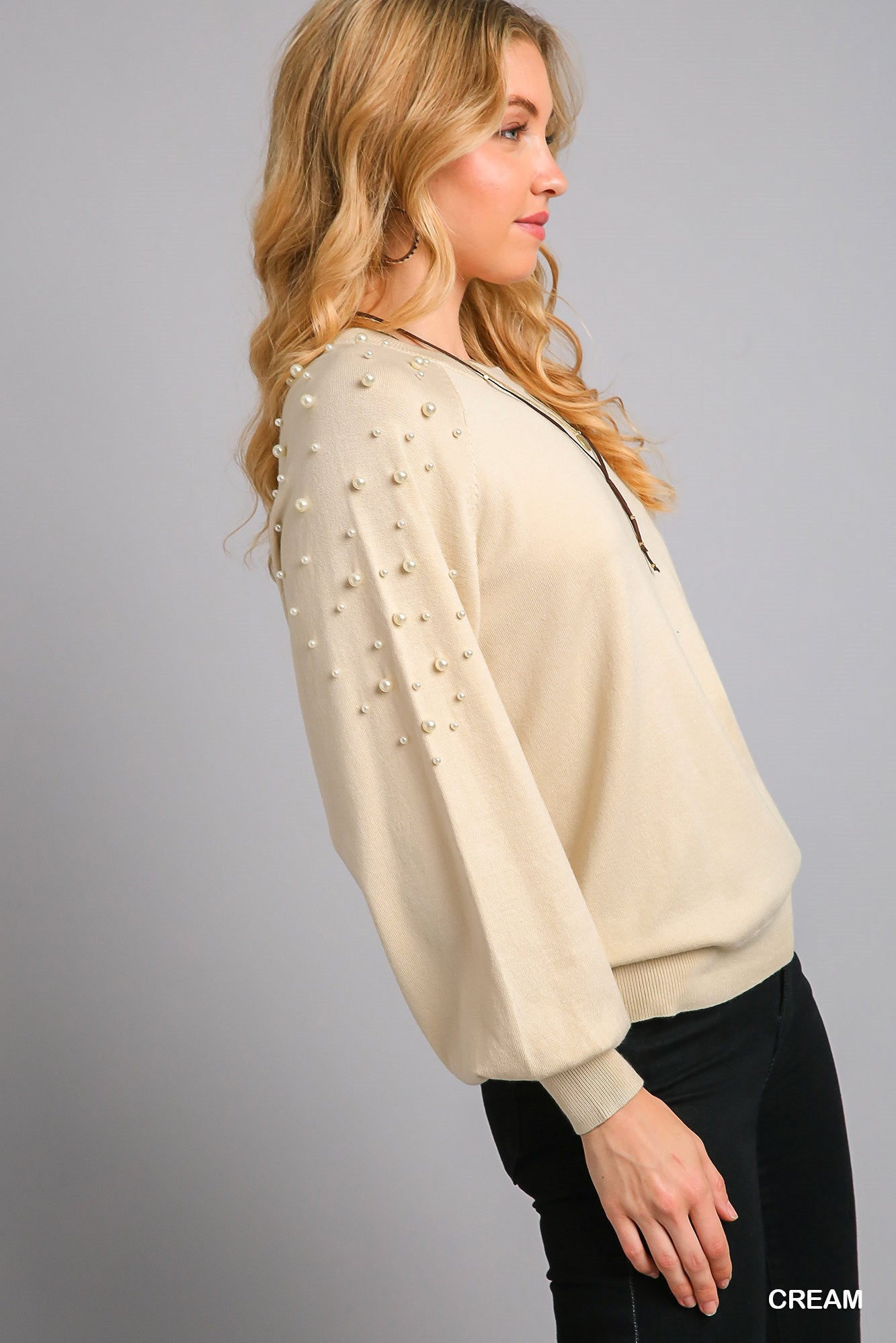 Umgee Round Neck Pullover Sweater With Long Sleeve Pearl Details Top - Roulhac Fashion Boutique
