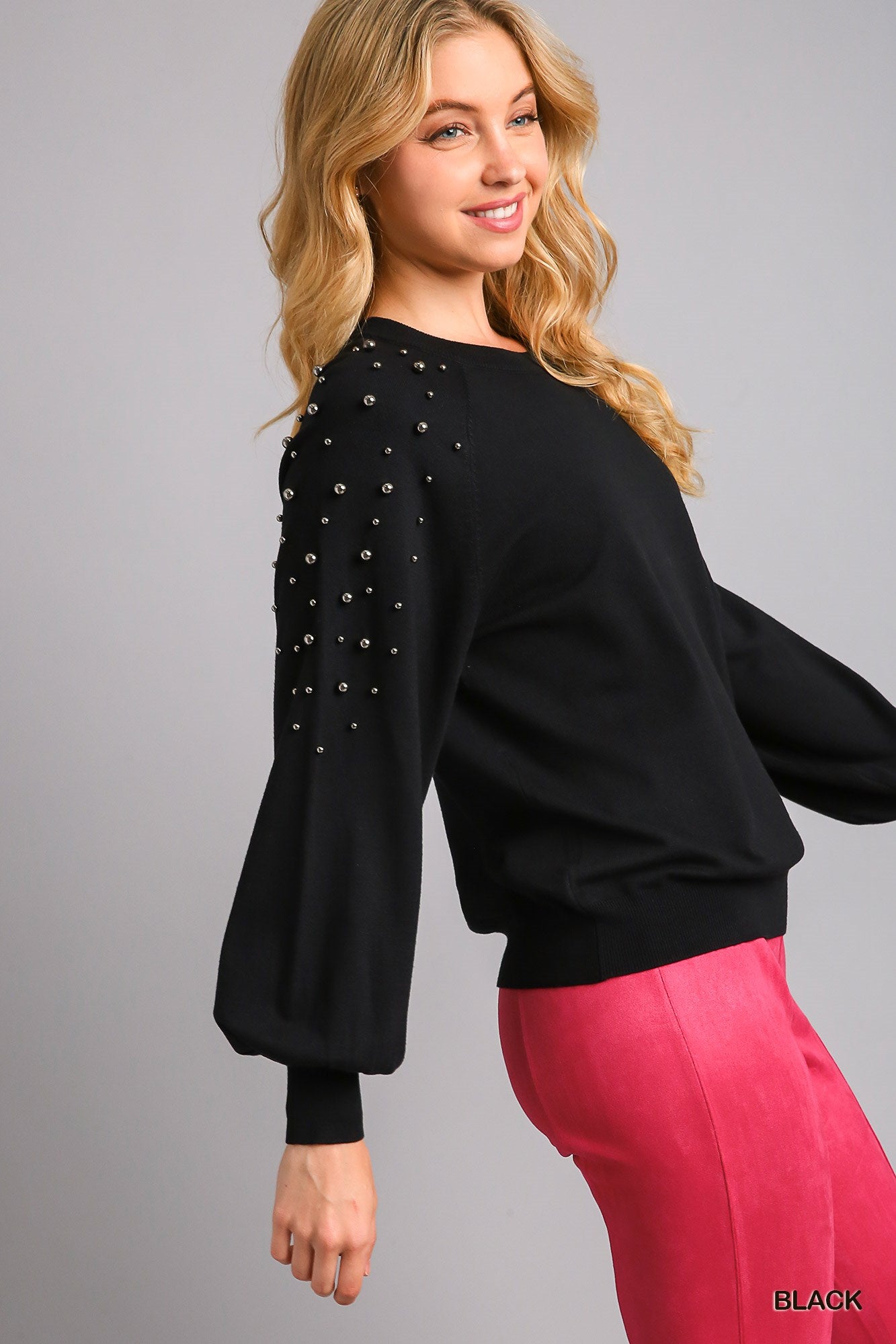 Umgee Round Neck Pullover Sweater With Long Sleeve Pearl Details Top