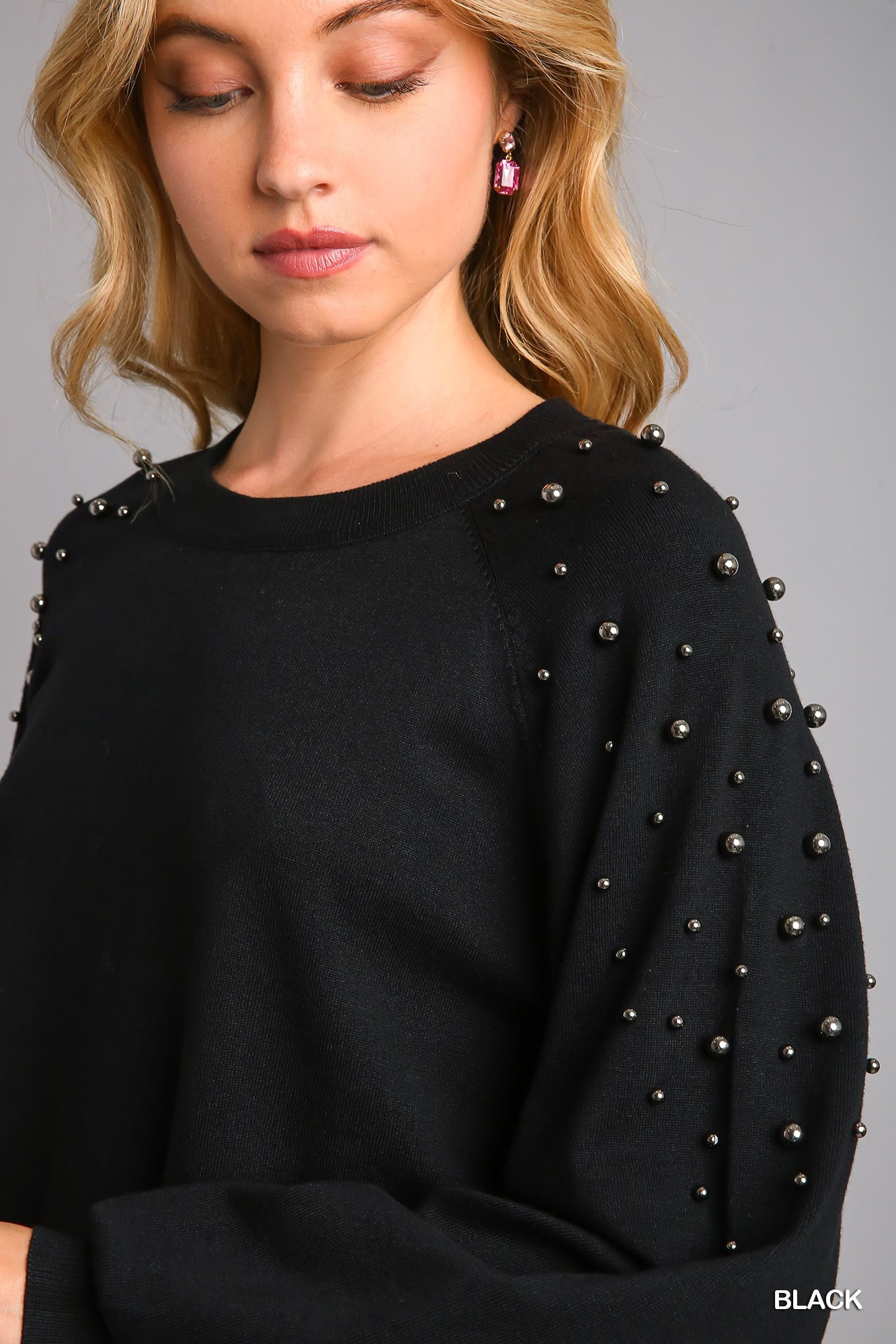 Umgee Round Neck Pullover Sweater With Long Sleeve Pearl Details Top