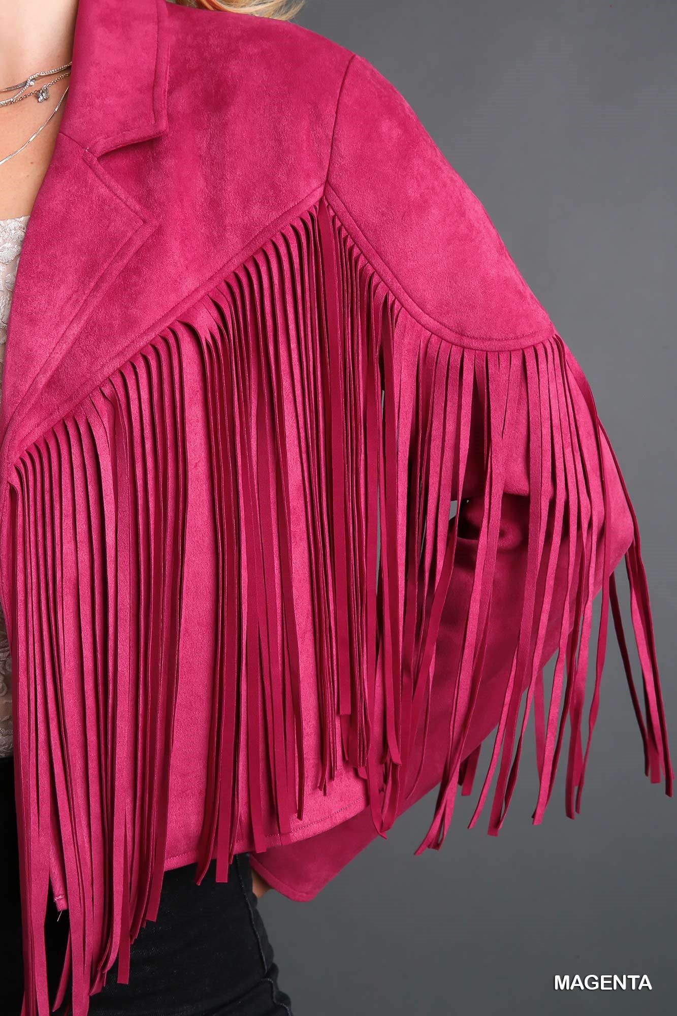 Umgee Faux Suede Open Front Fringe Detail Jacket - Roulhac Fashion Boutique