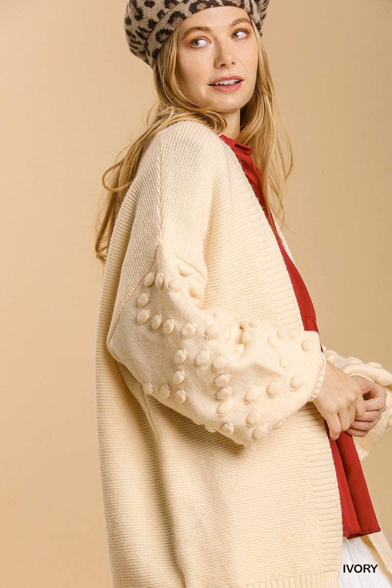Umgee Open Front Pom Pom Details On Sleeves Cardigan Sweater