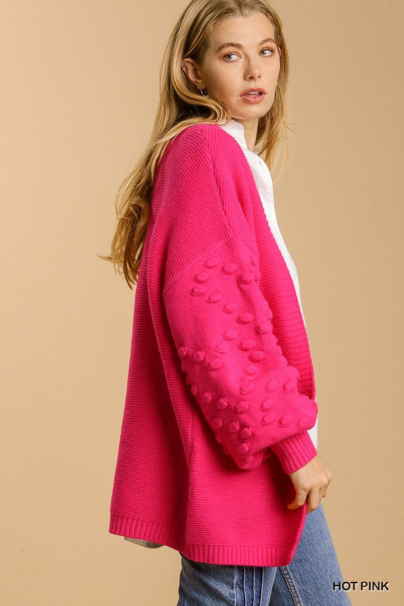 Umgee Open Front Pom Pom Details On Sleeves Cardigan Sweater - Roulhac Fashion Boutique