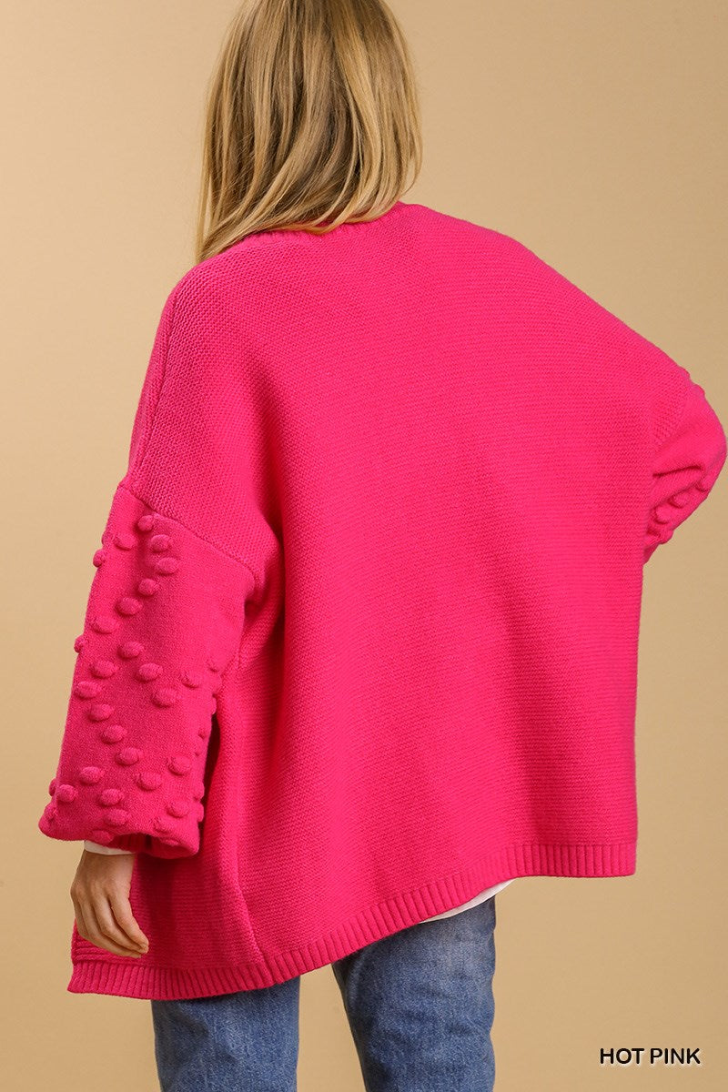 Umgee Open Front Pom Pom Details On Sleeves Cardigan Sweater - Roulhac Fashion Boutique