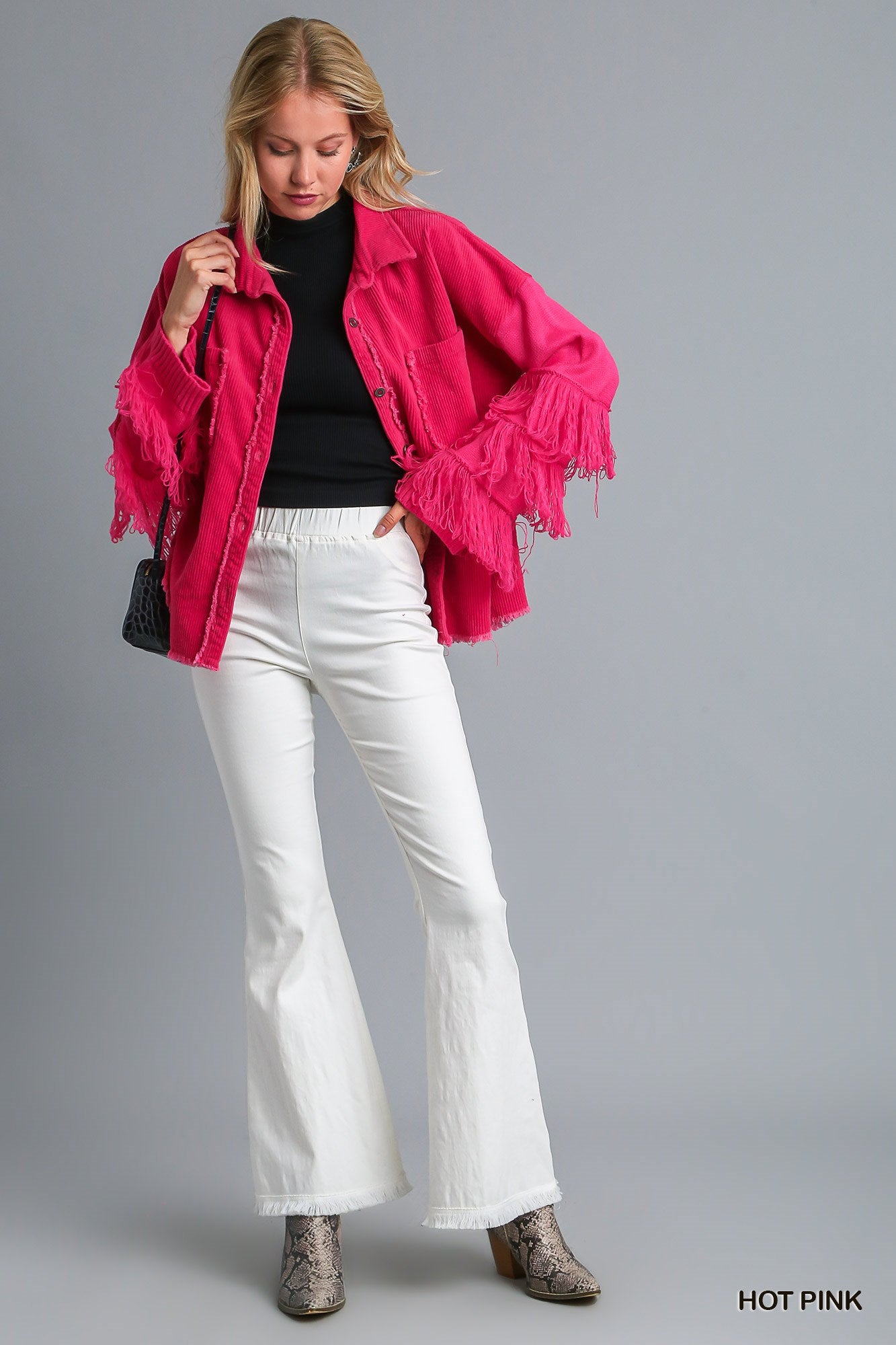 Umgee Corduroy Chest Pocket Collar Button Down Fringe Jacket - Roulhac Fashion Boutique