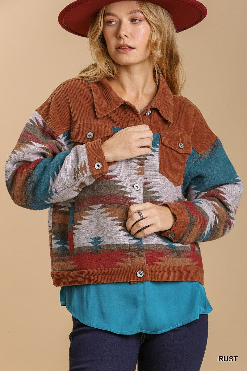 Umgee Stone Wash Vintage Long Sleeve Pattern Jacket - Roulhac Fashion Boutique