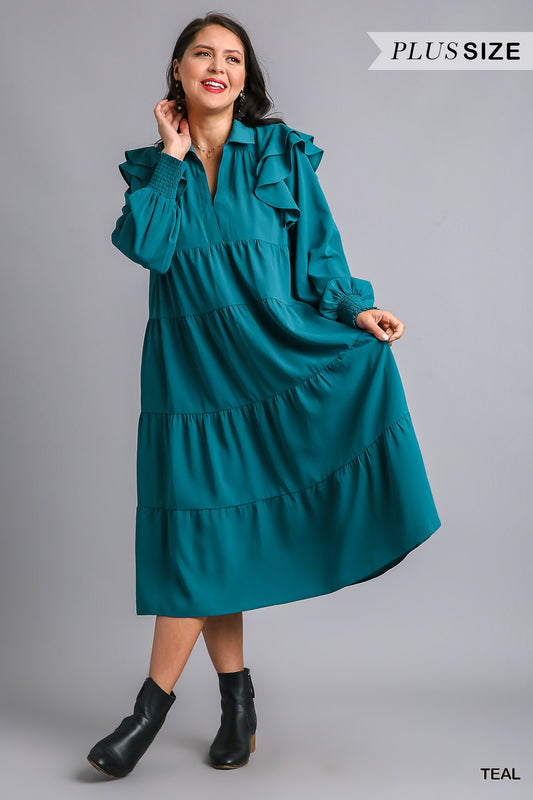 Umgee Plus V-Neck Collared Ruffle Long Sleeves Tiered Maxi Dress