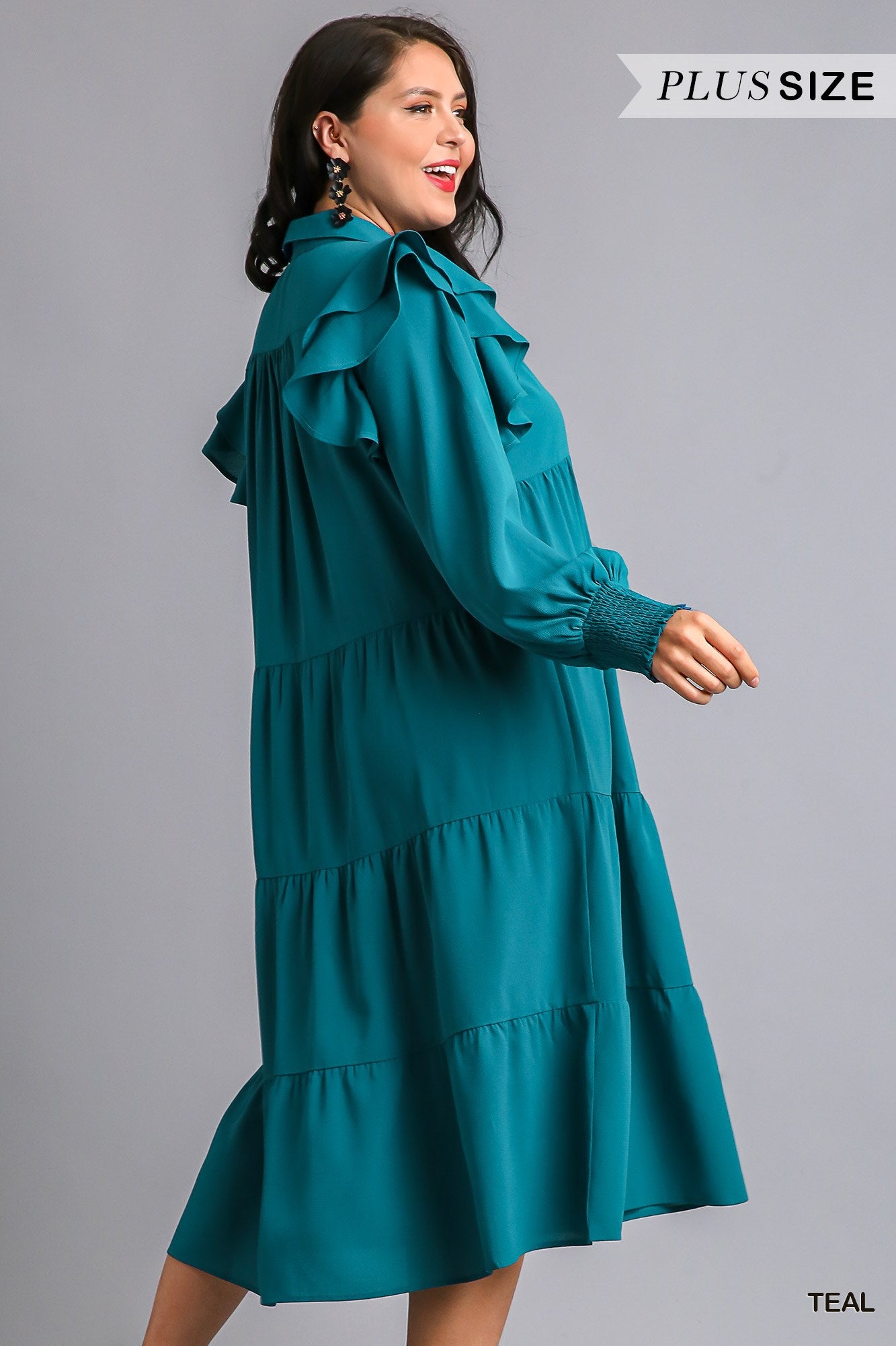 Umgee Plus V-Neck Collared Ruffle Long Sleeves Tiered Maxi Dress