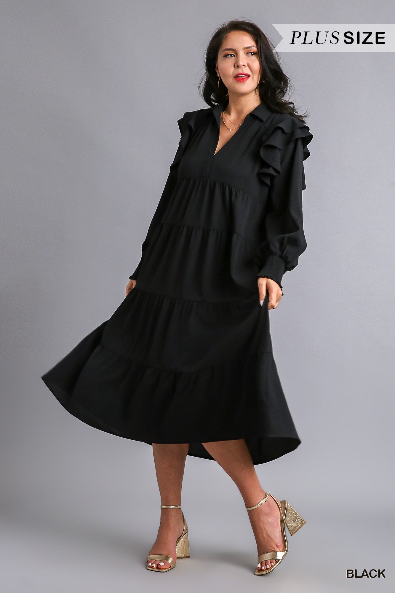 Umgee Plus V-Neck Collared Ruffle Long Sleeves Tiered Maxi Dress