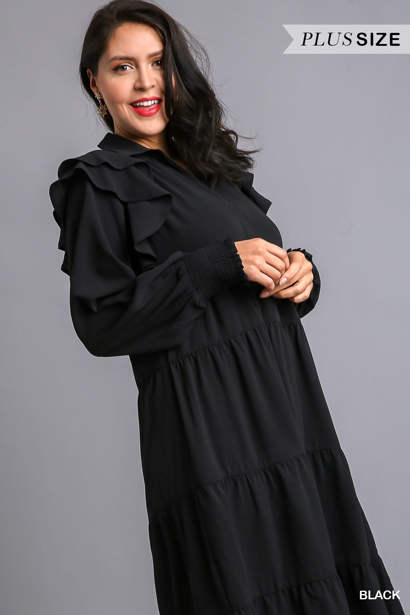 Umgee Plus V-Neck Collared Ruffle Long Sleeves Tiered Maxi Dress