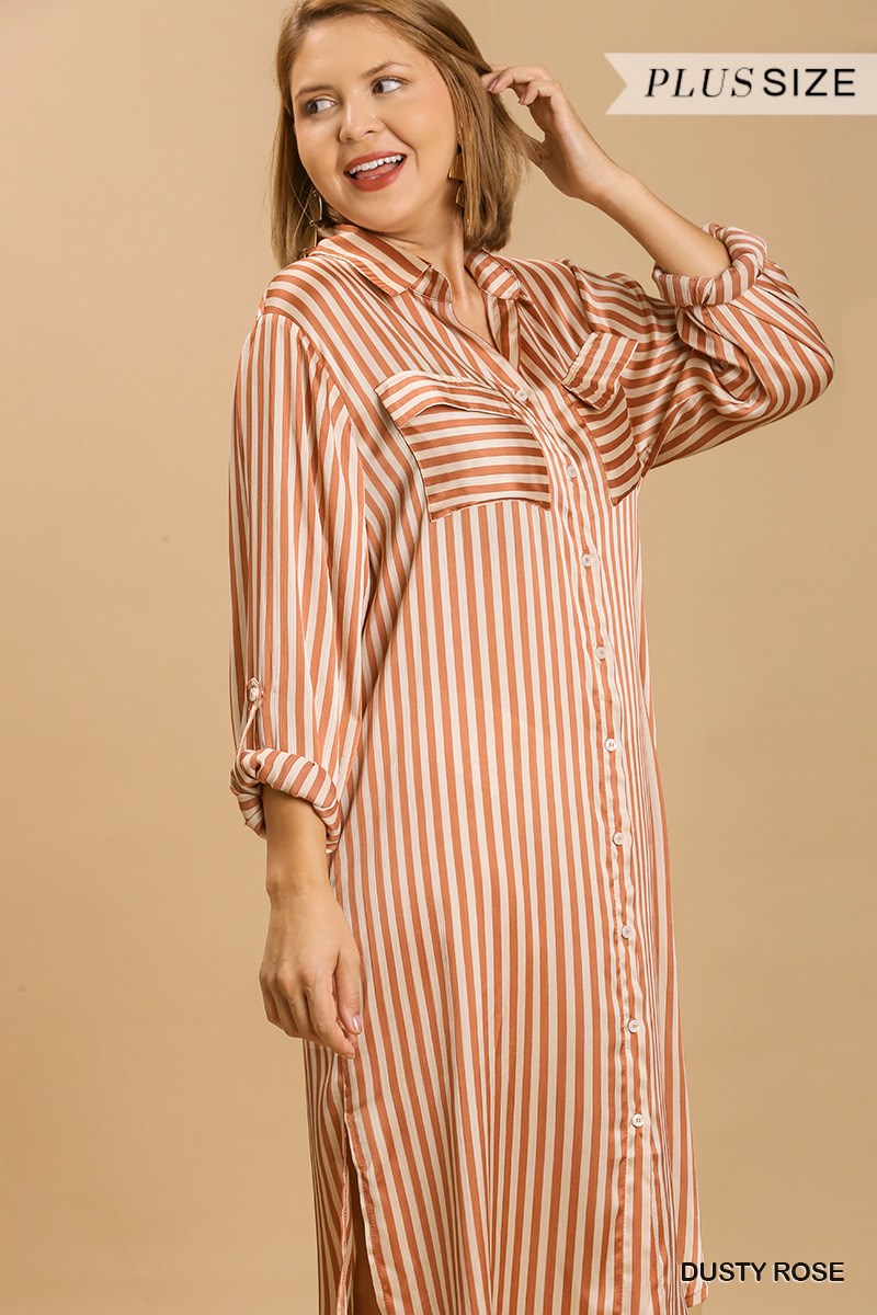 Umgee Plus Striped Long Sleeve Button Down Midi Side Slit Dress