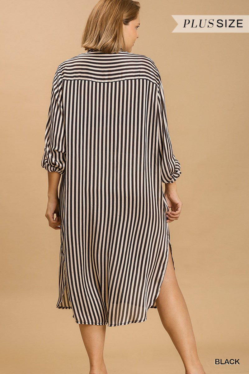Umgee Plus Striped Long Sleeve Button Down Midi Side Slit Dress