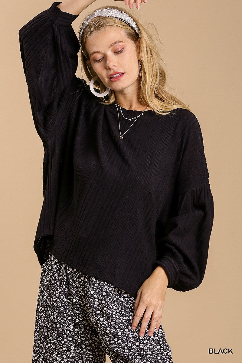 Umgee Ribbed Knit Balloon Long Sleeve Scoop Neck Gathered Top