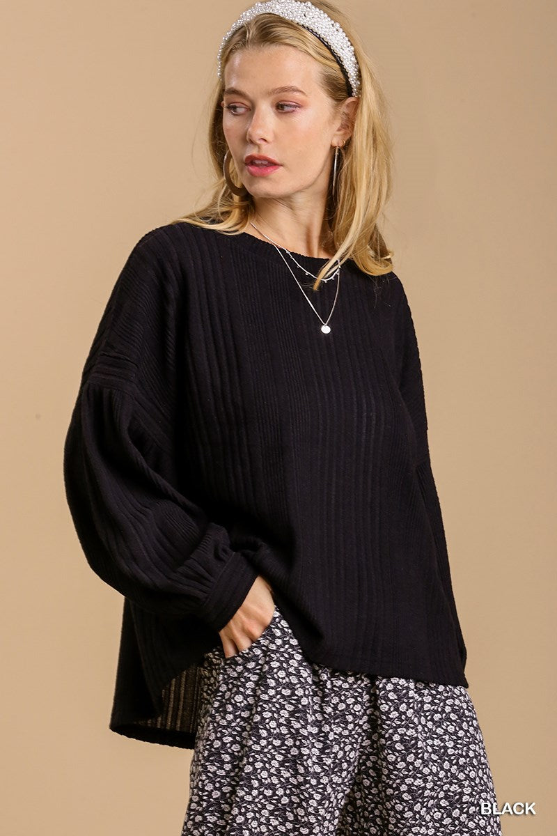 Umgee Ribbed Knit Balloon Long Sleeve Scoop Neck Gathered Top