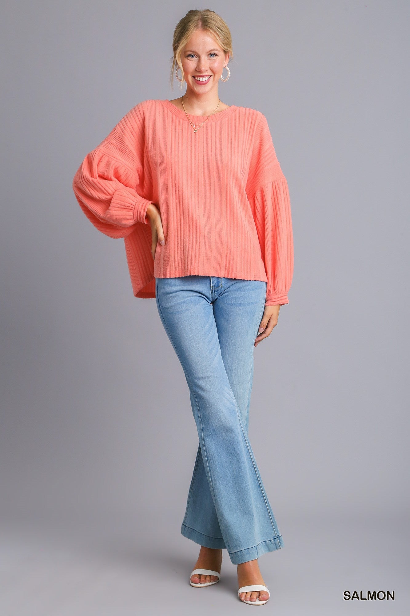 Umgee Ribbed Knit Balloon Long Sleeve Scoop Neck Gathered Top - Roulhac Fashion Boutique