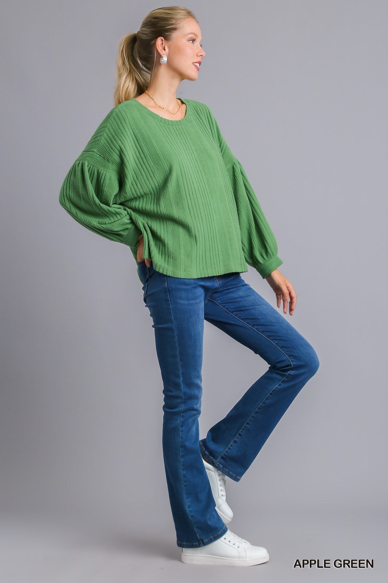 Umgee Ribbed Knit Balloon Long Sleeve Scoop Neck Gathered Top - Roulhac Fashion Boutique
