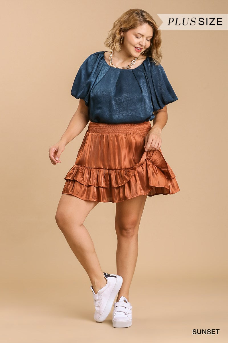 Umgee Plus Elastic Waist Band Layered Ruffle Short Skirt