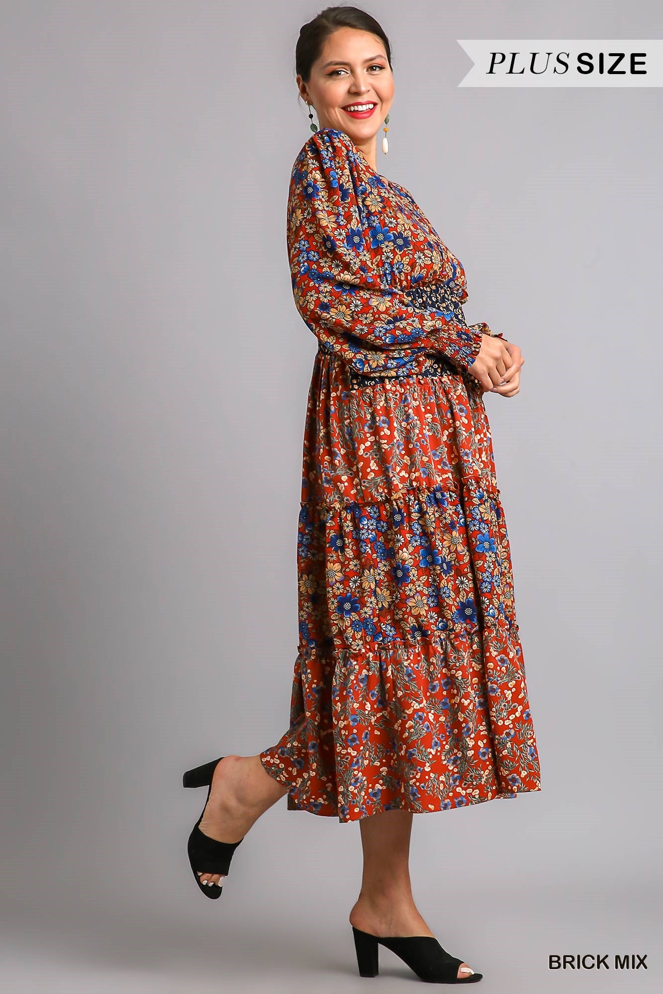 Umgee Plus V-Neck Floral Print Midi Dress