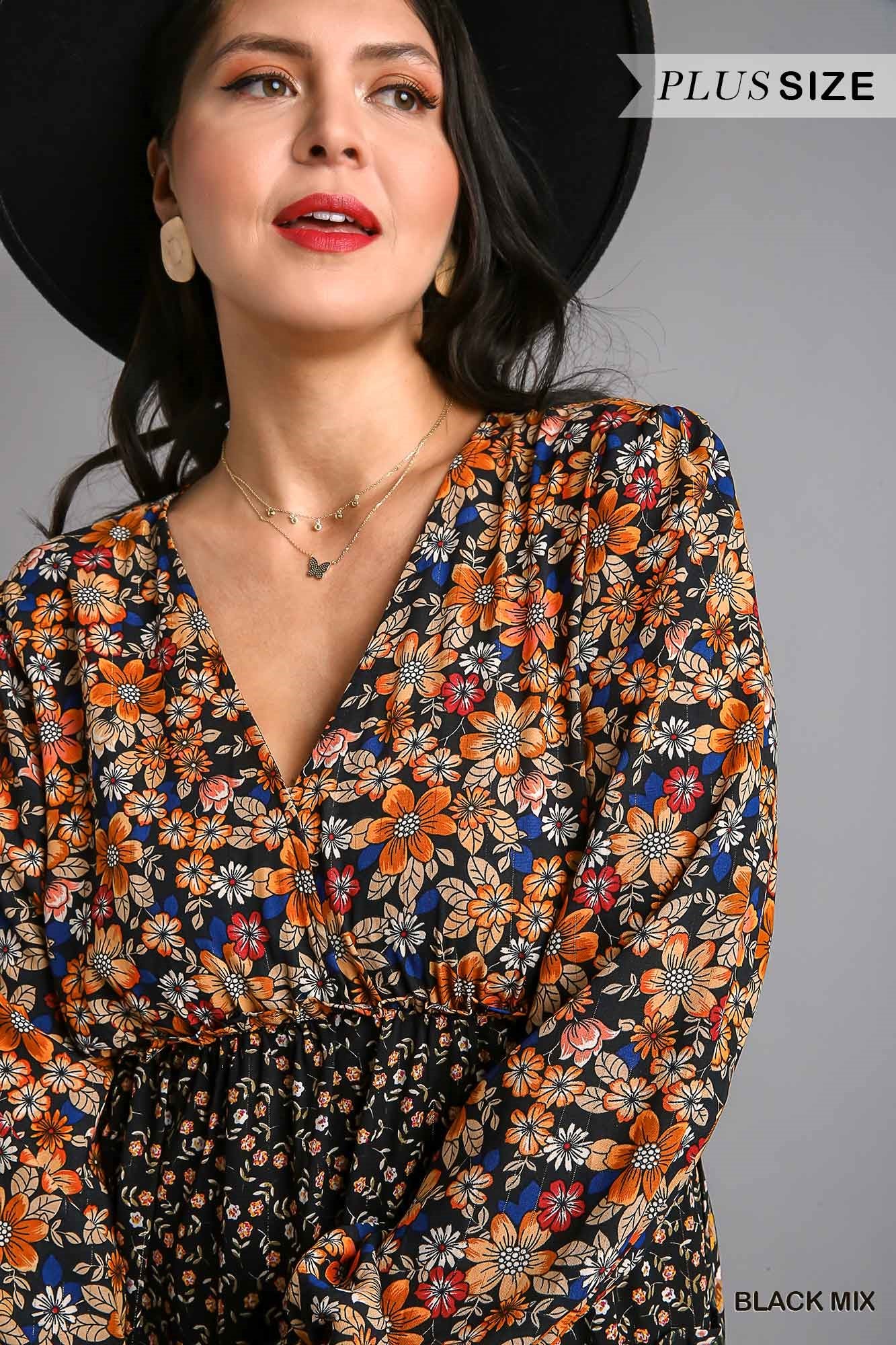 Umgee Plus V-Neck Floral Print Midi Dress