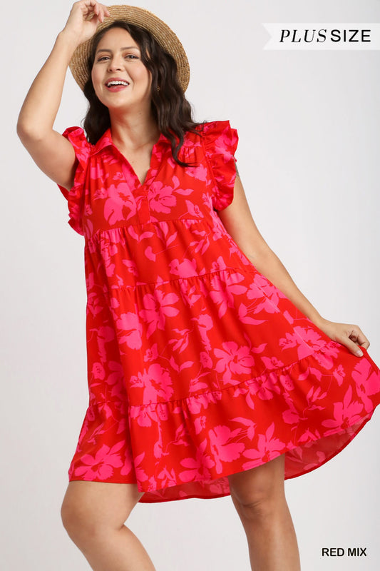 Umgee Plus Floral Print A-Line Collared Tiered Flutter Sleeves Dress