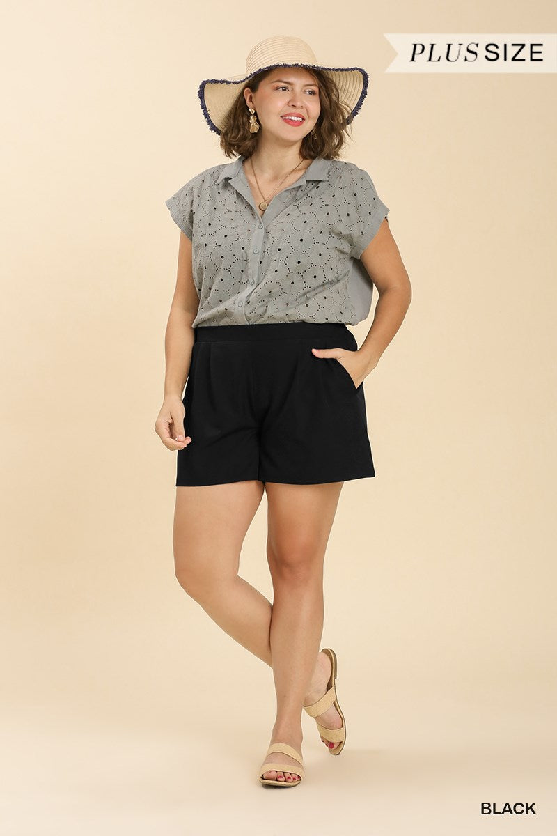 Umgee Plus Elastic Waistband Pleated Side Pockets Shorts