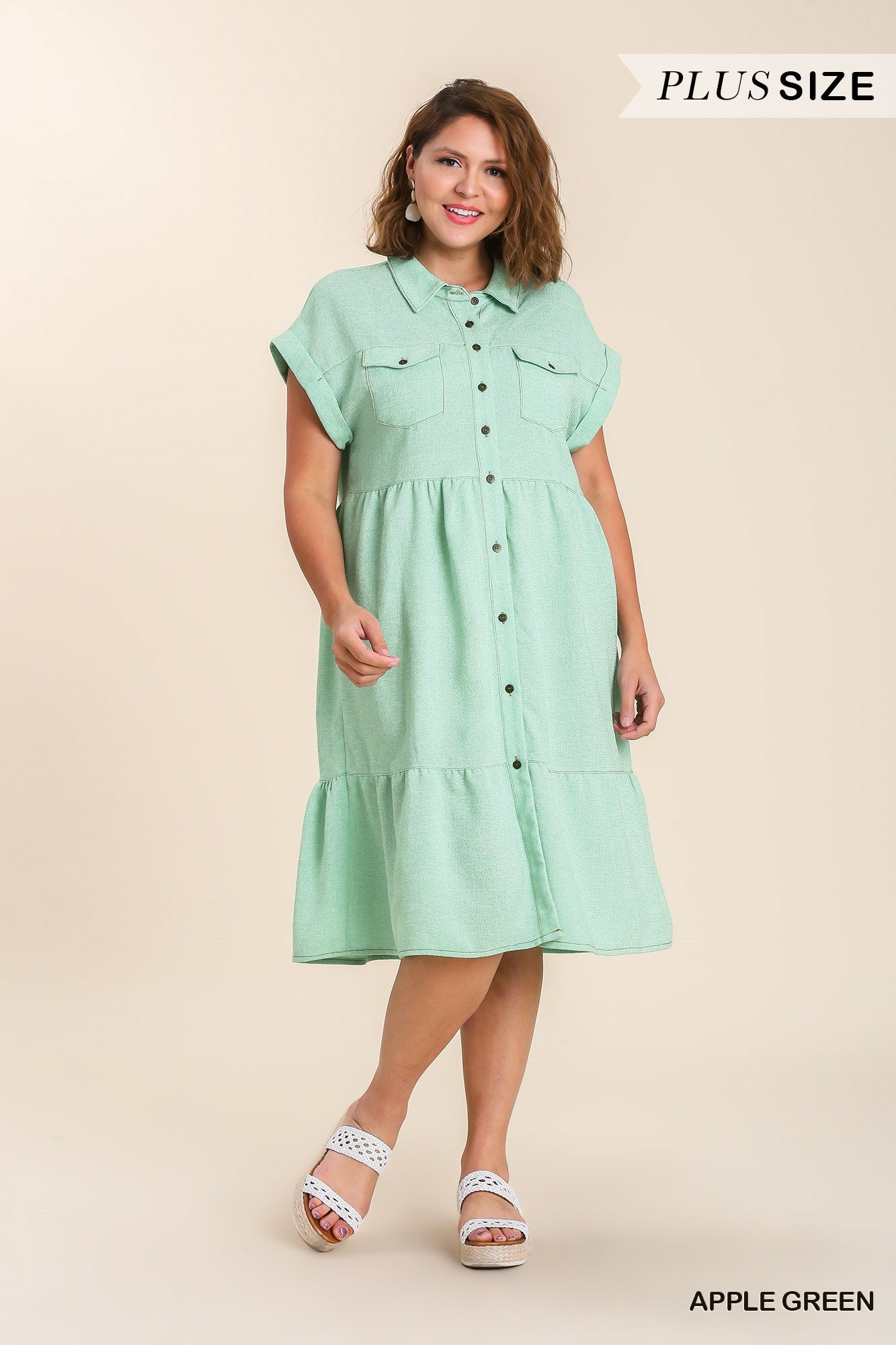 Umgee Plus Tweed Button Up Short Folded Sleeve Midi Chest Pockets Dress