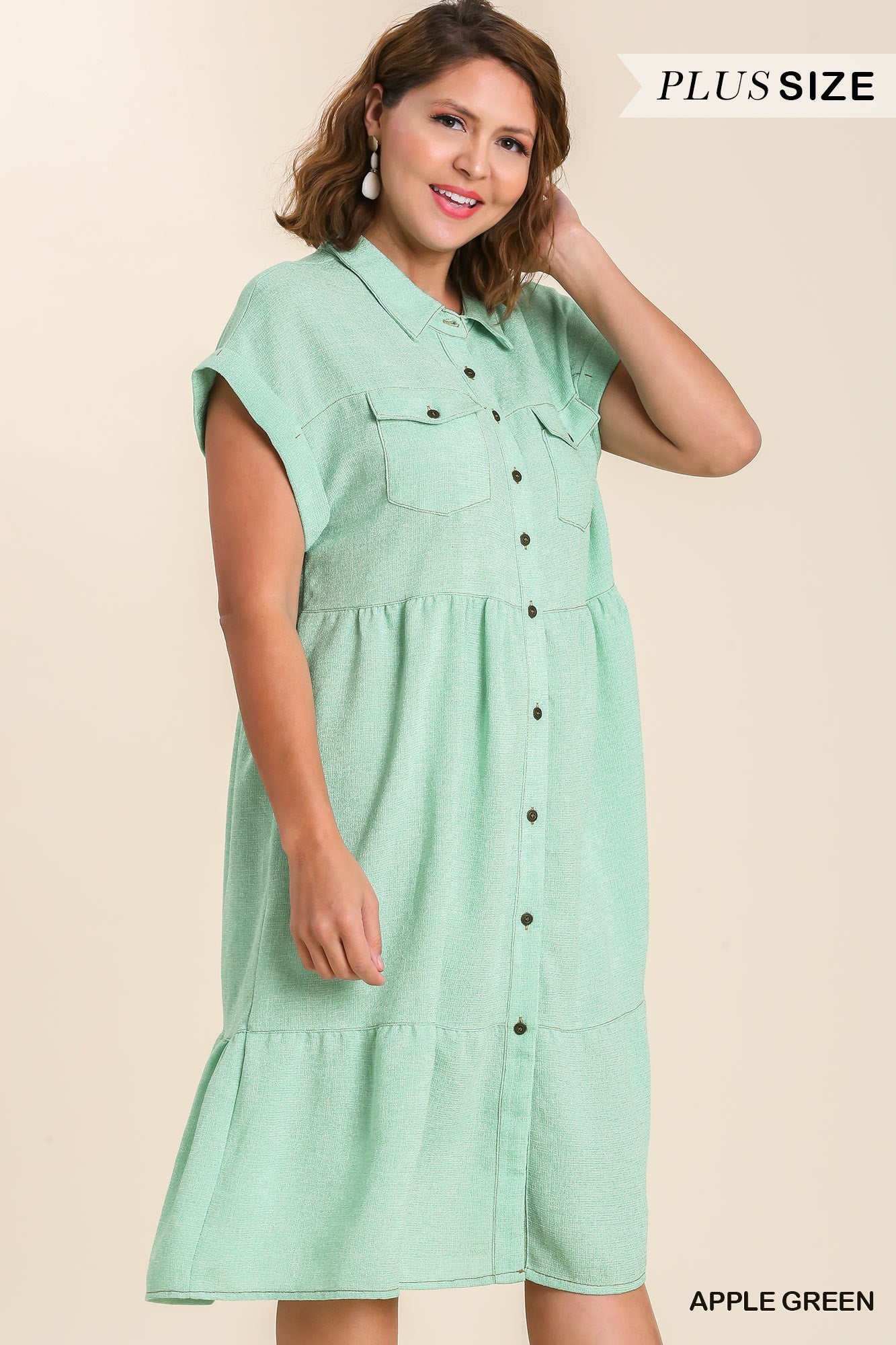 Umgee Plus Tweed Button Up Short Folded Sleeve Midi Chest Pockets Dress