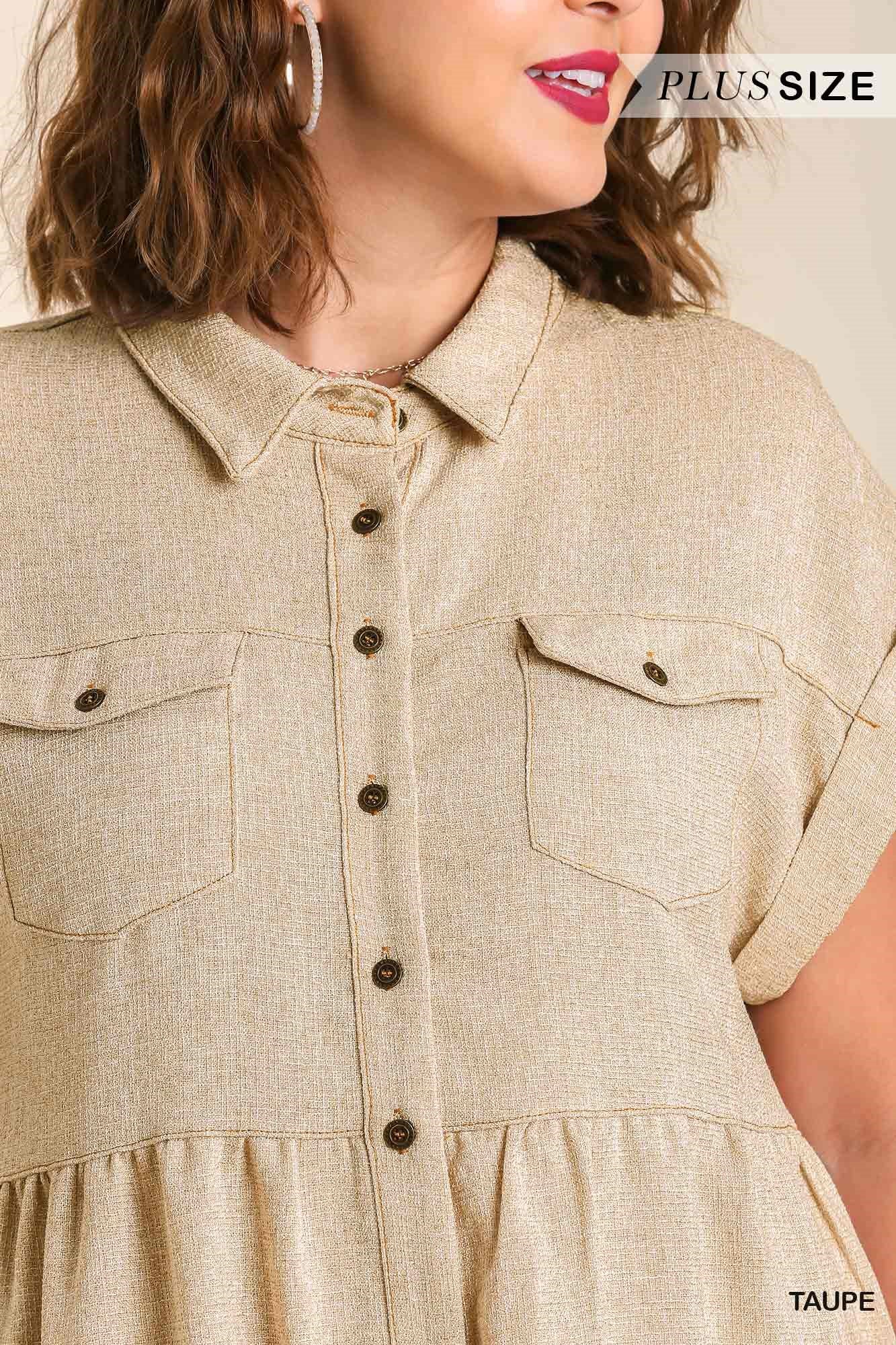Umgee Plus Tweed Button Up Short Folded Sleeve Midi Chest Pockets Dress