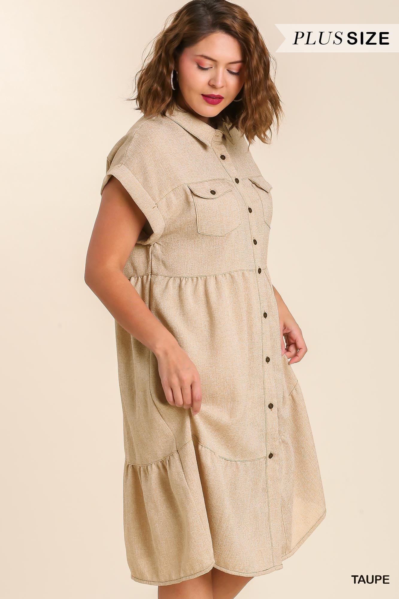 Umgee Plus Tweed Button Up Short Folded Sleeve Midi Chest Pockets Dress