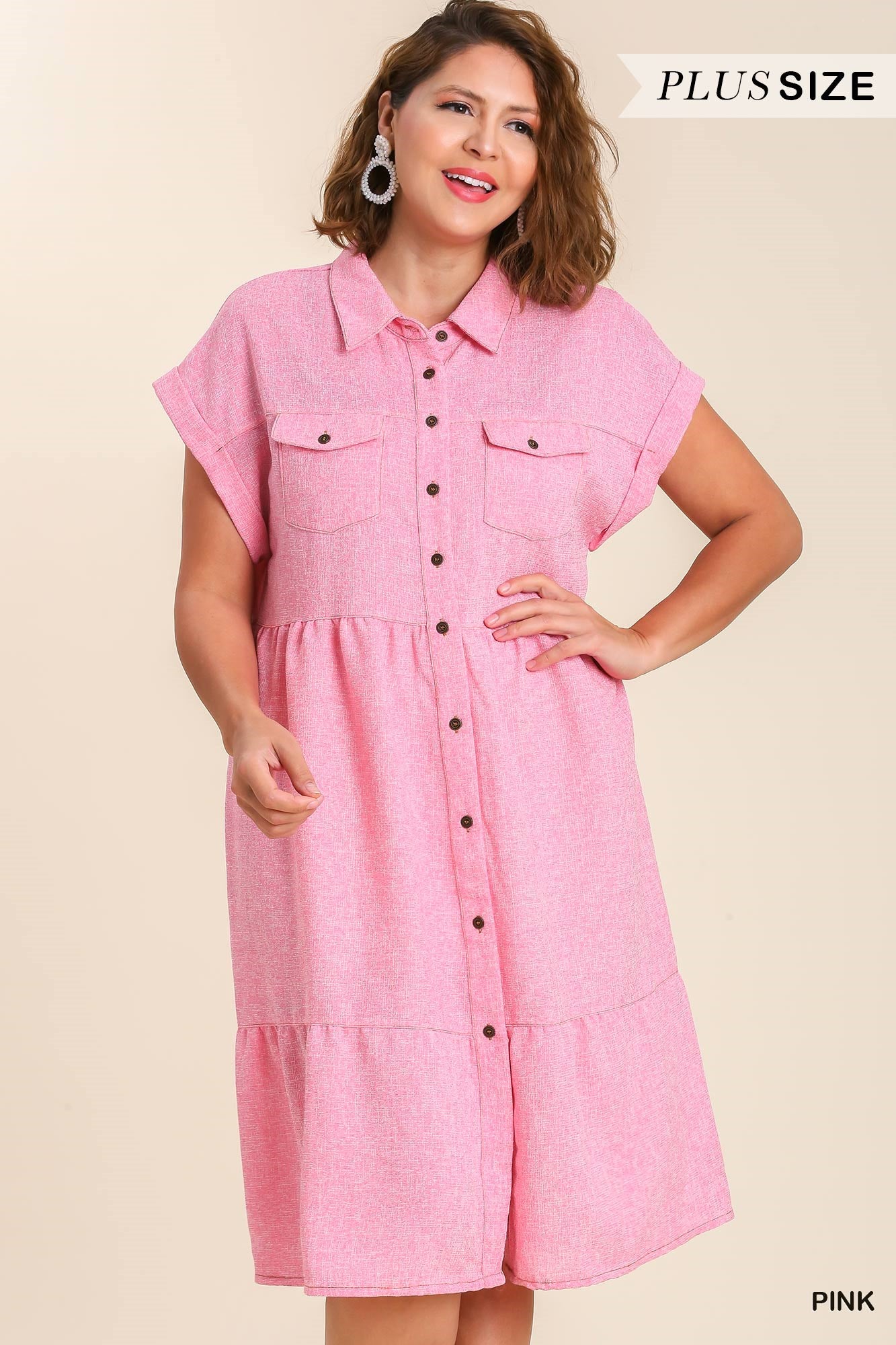 Umgee Plus Tweed Button Up Short Folded Sleeve Midi Chest Pockets Dress