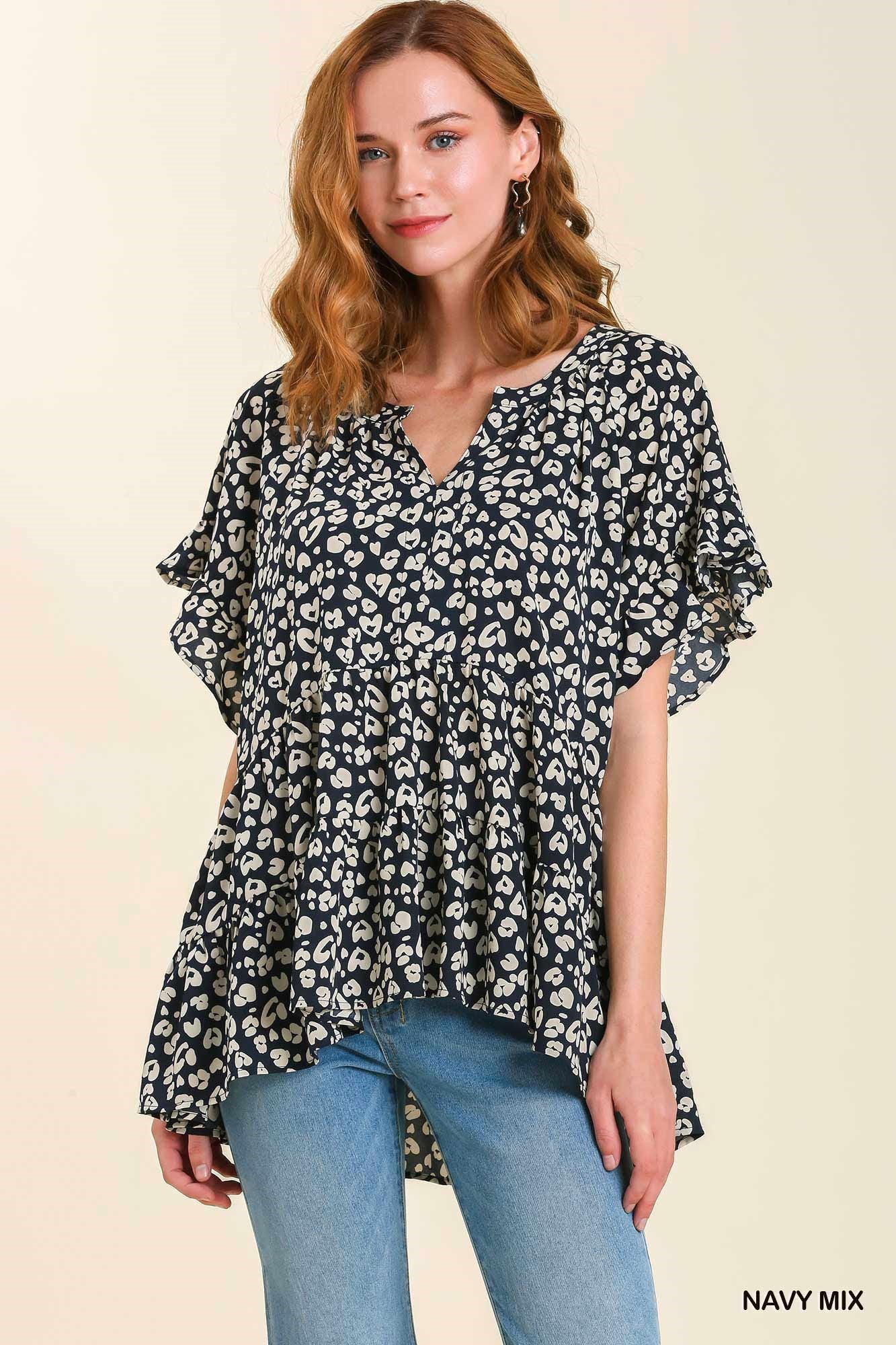 Umgee Mixed Print Split Neck No Lining Ruffled Short Sleeve Tops