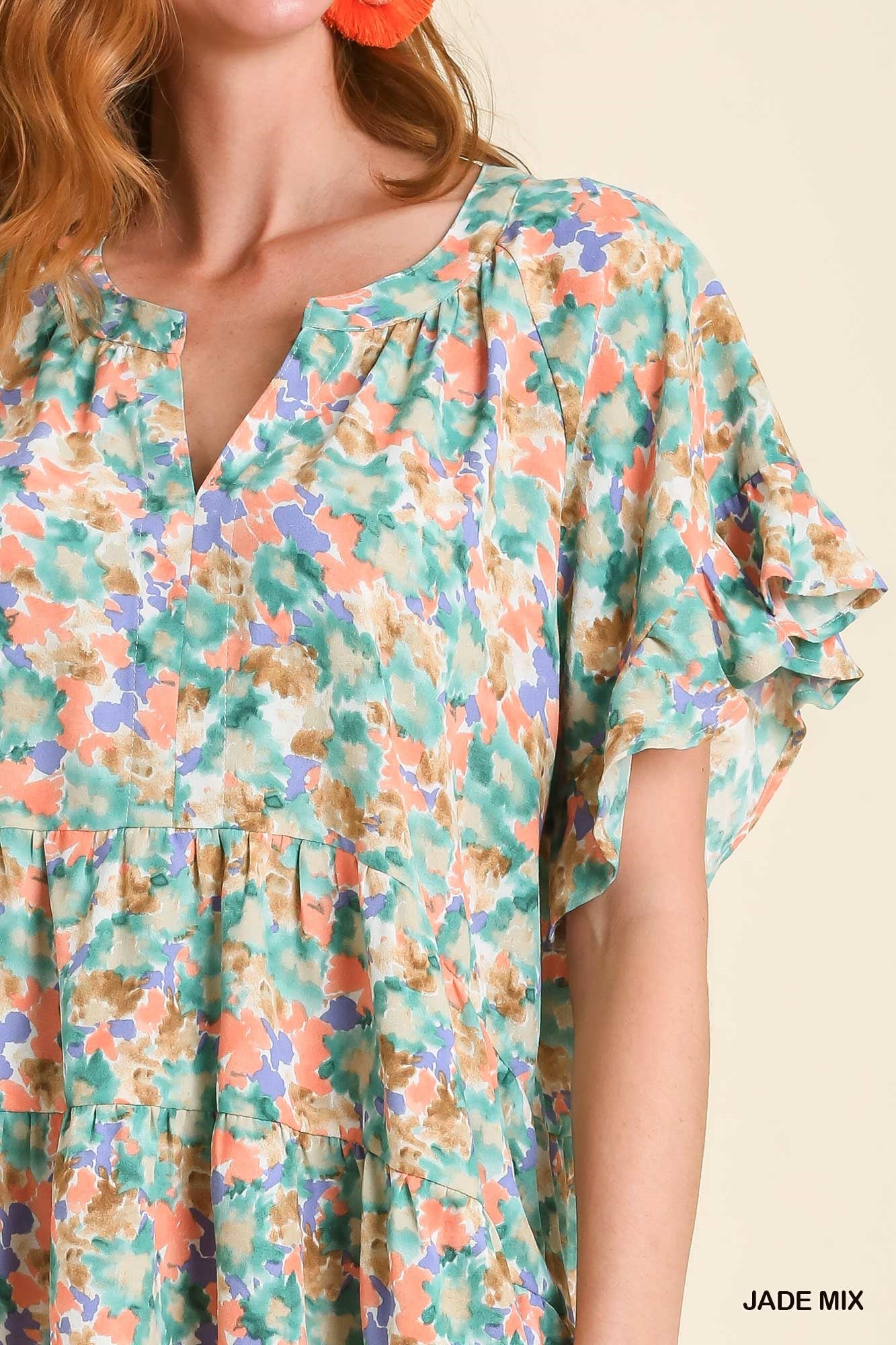 Umgee Mixed Print Split Neck No Lining Ruffled Short Sleeve Tops