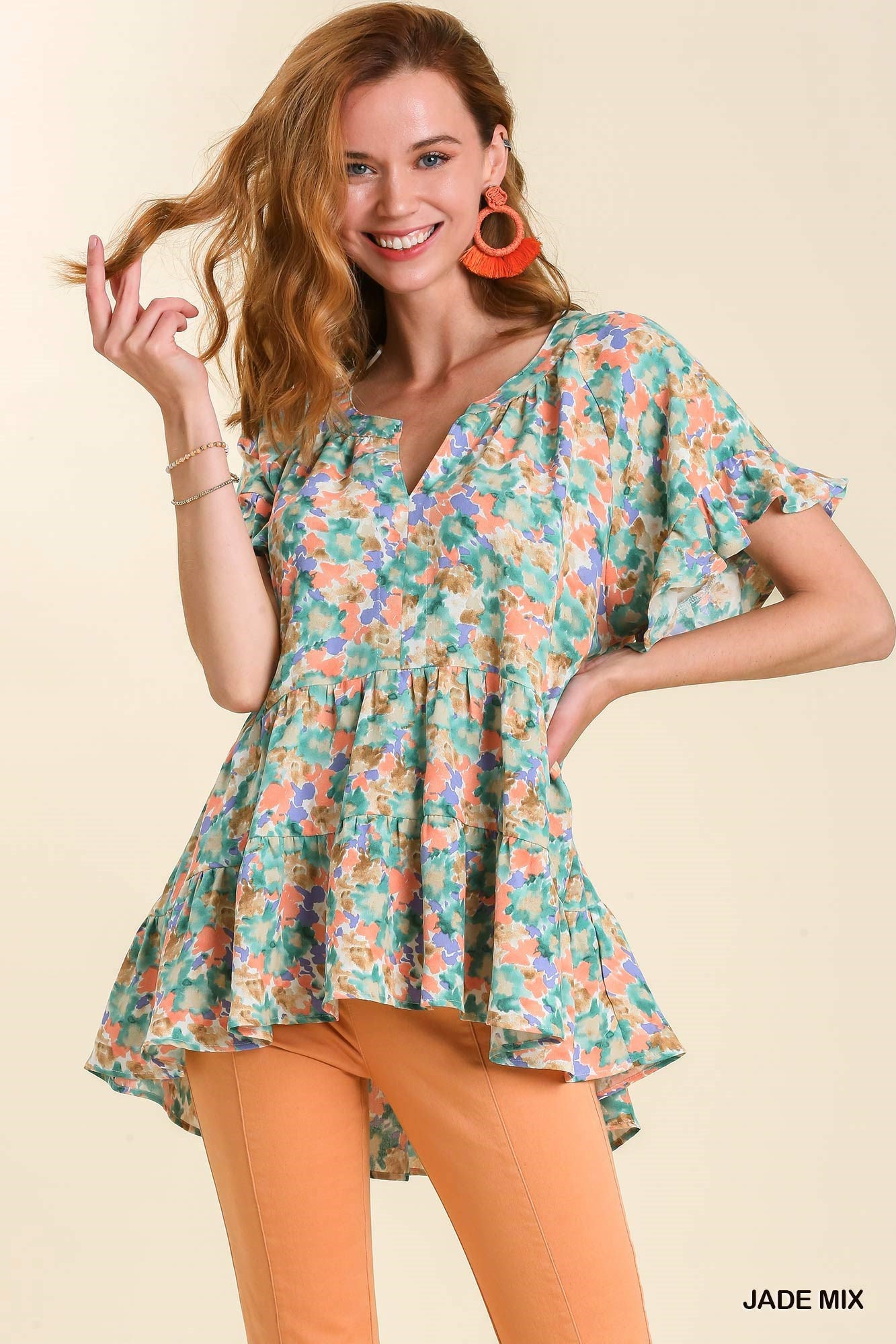 Umgee Mixed Print Split Neck No Lining Ruffled Short Sleeve Tops