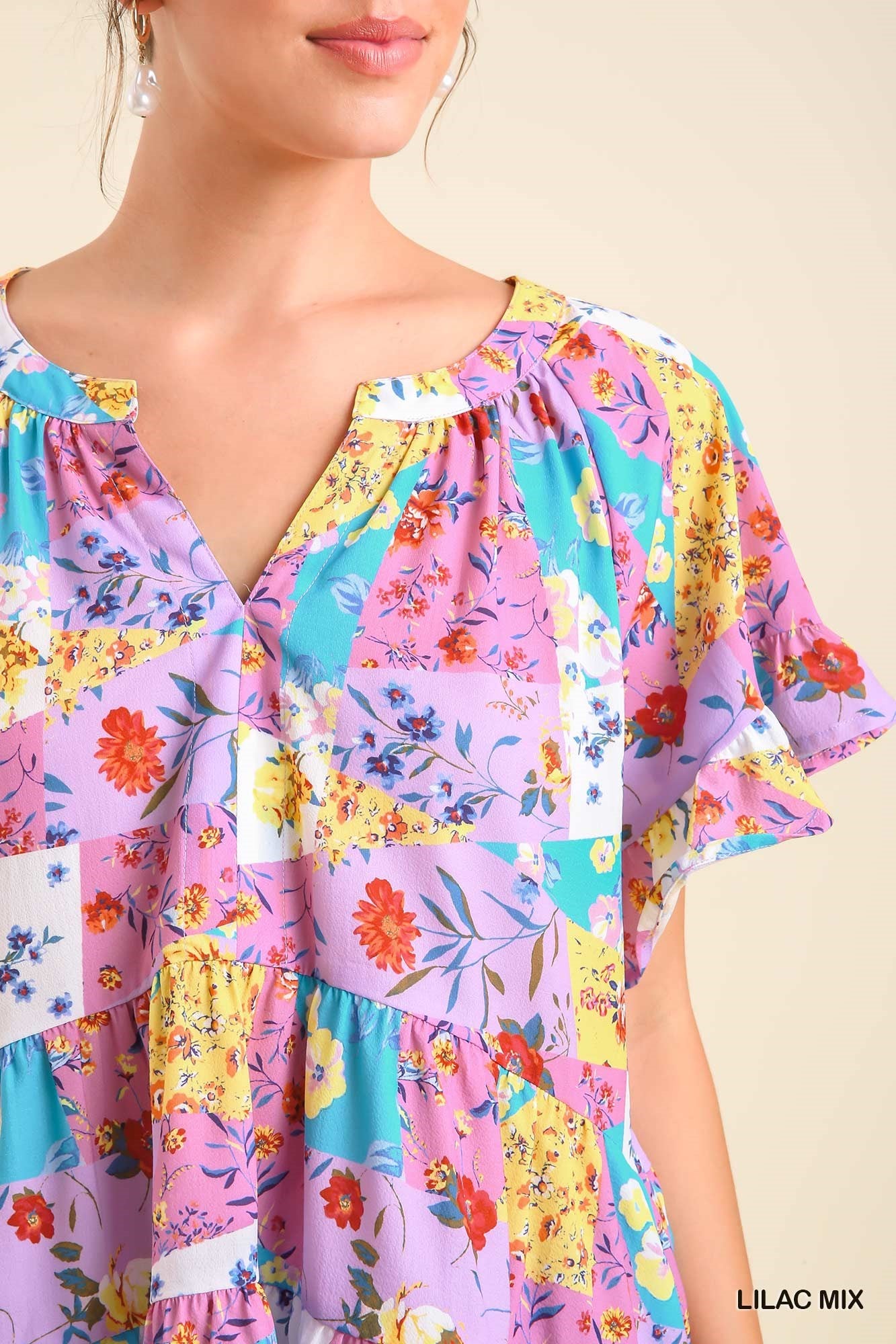 Umgee Mixed Print Split Neck No Lining Ruffled Short Sleeve Tops - Roulhac Fashion Boutique