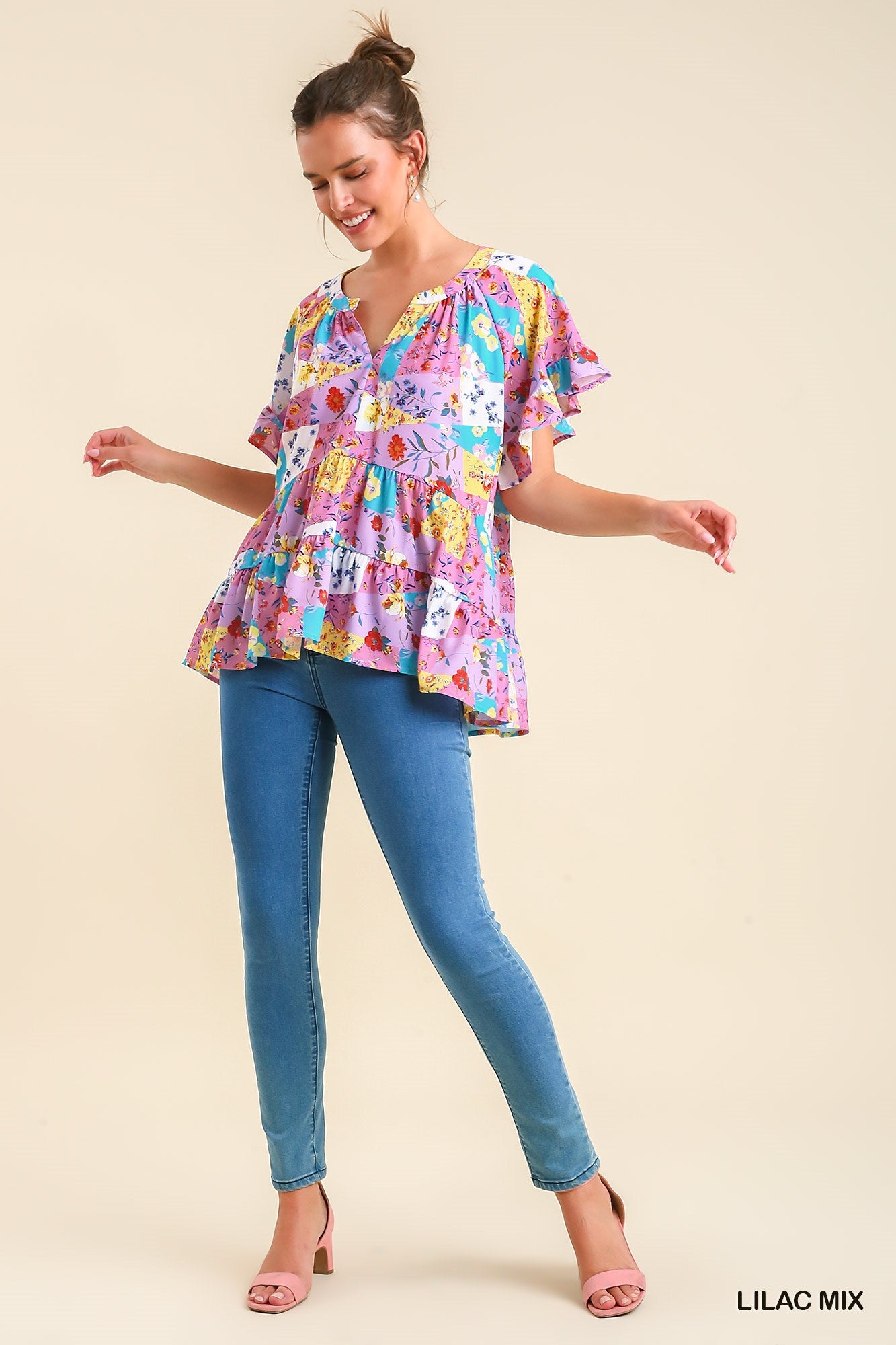 Umgee Mixed Print Split Neck No Lining Ruffled Short Sleeve Tops - Roulhac Fashion Boutique