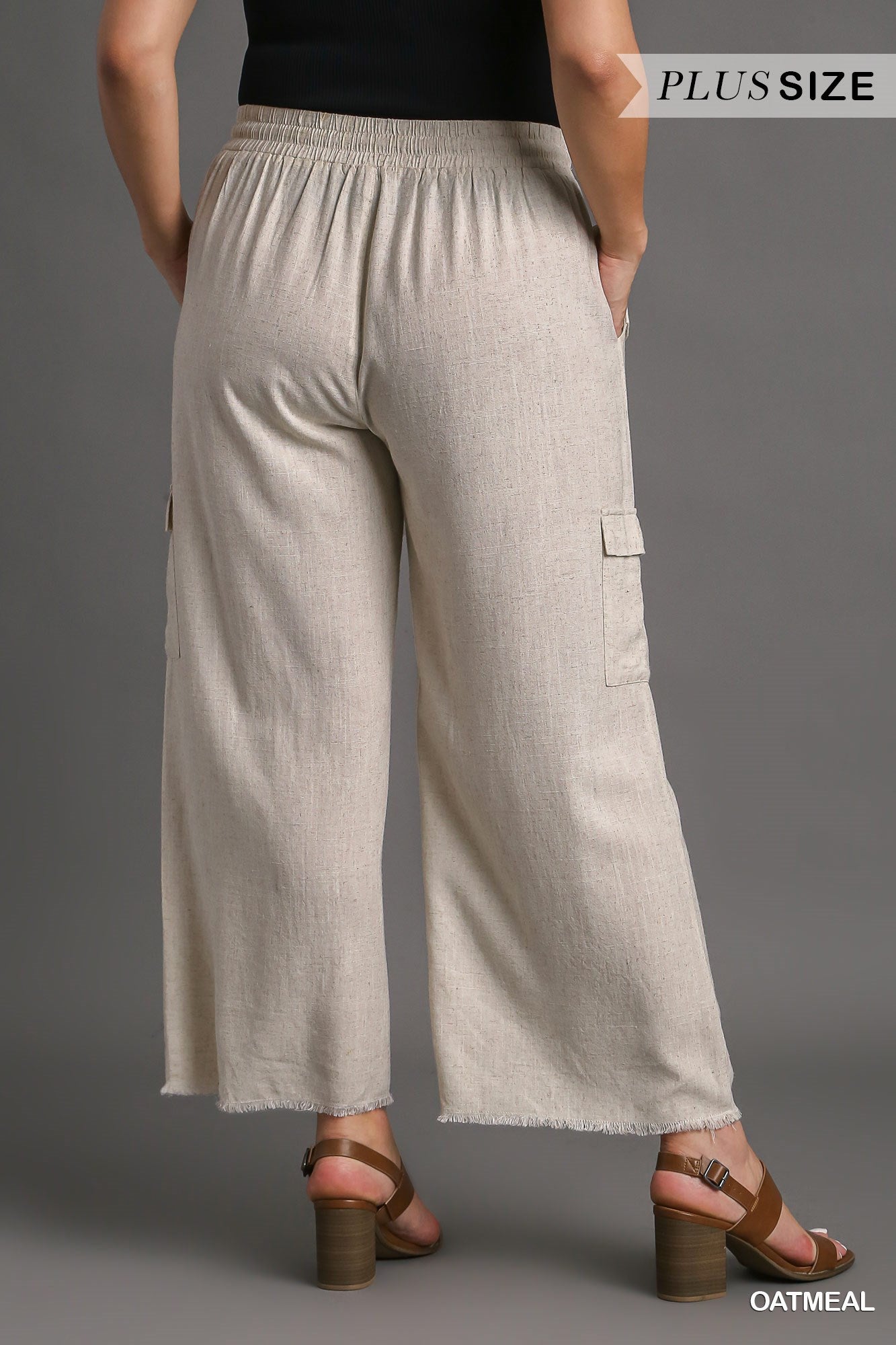 Umgee Plus Linen Blend Side Pockets Cargo Frayed Hem Pants