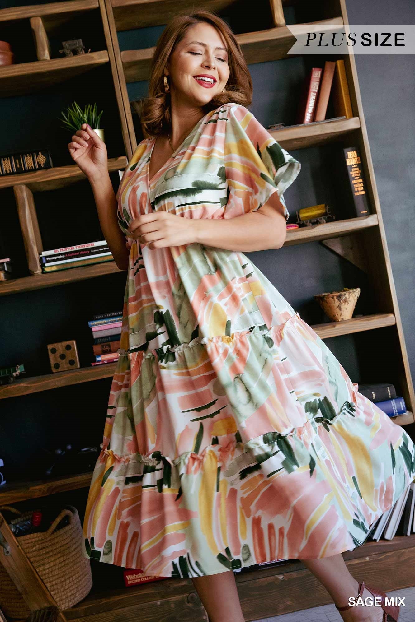 Umgee Plus Abstract Ruffle Sleeve Midi Tiered Dress