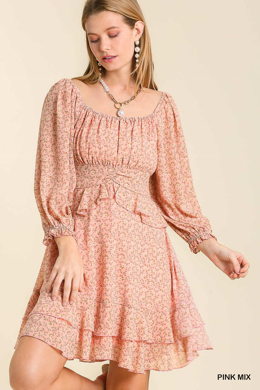 Umgee Floral Print Long Cuffed Sleeve Ruffle Layered Ends Dress - Roulhac Fashion Boutique