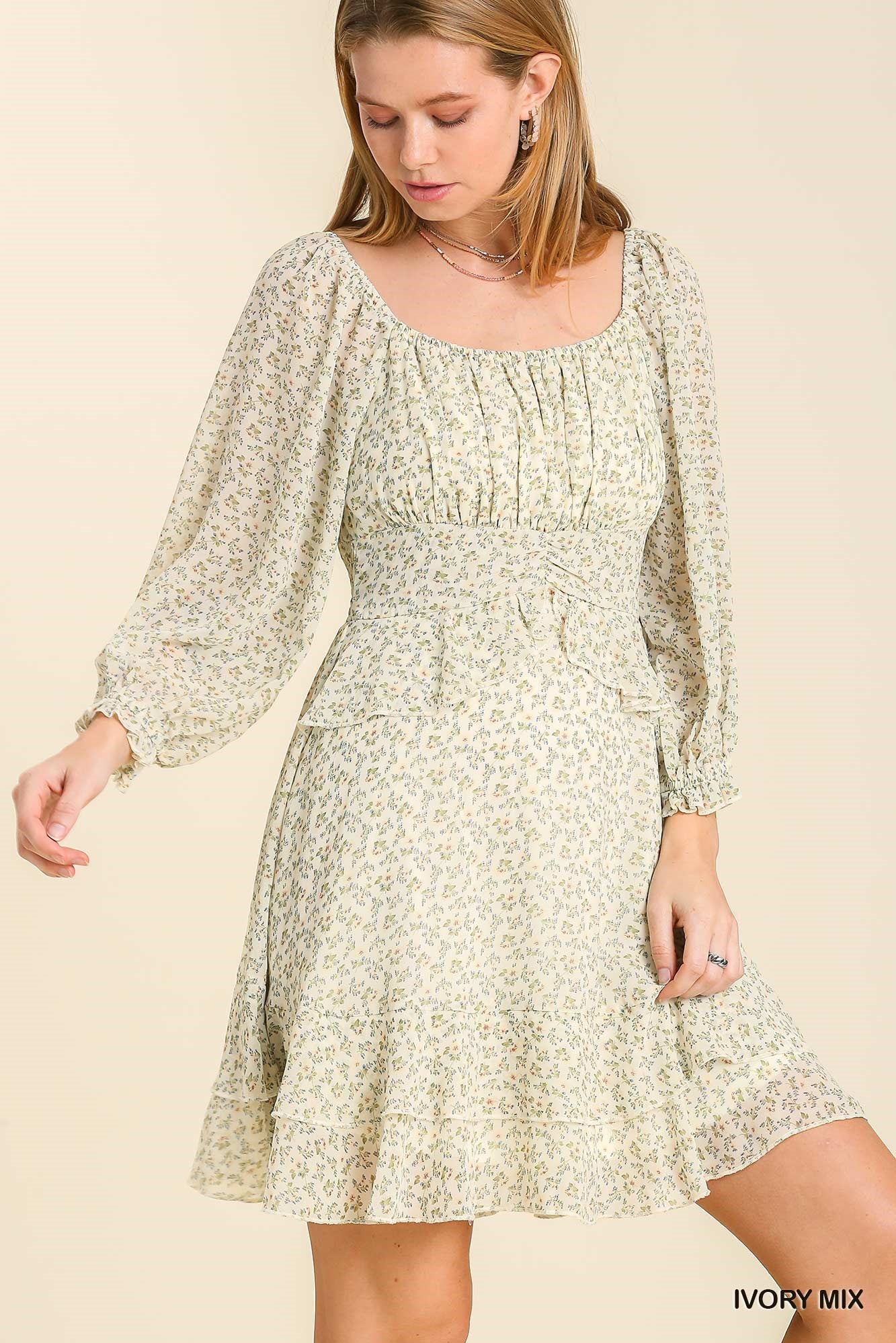 Umgee Floral Print Long Cuffed Sleeve Ruffle Layered Ends Dress - Roulhac Fashion Boutique