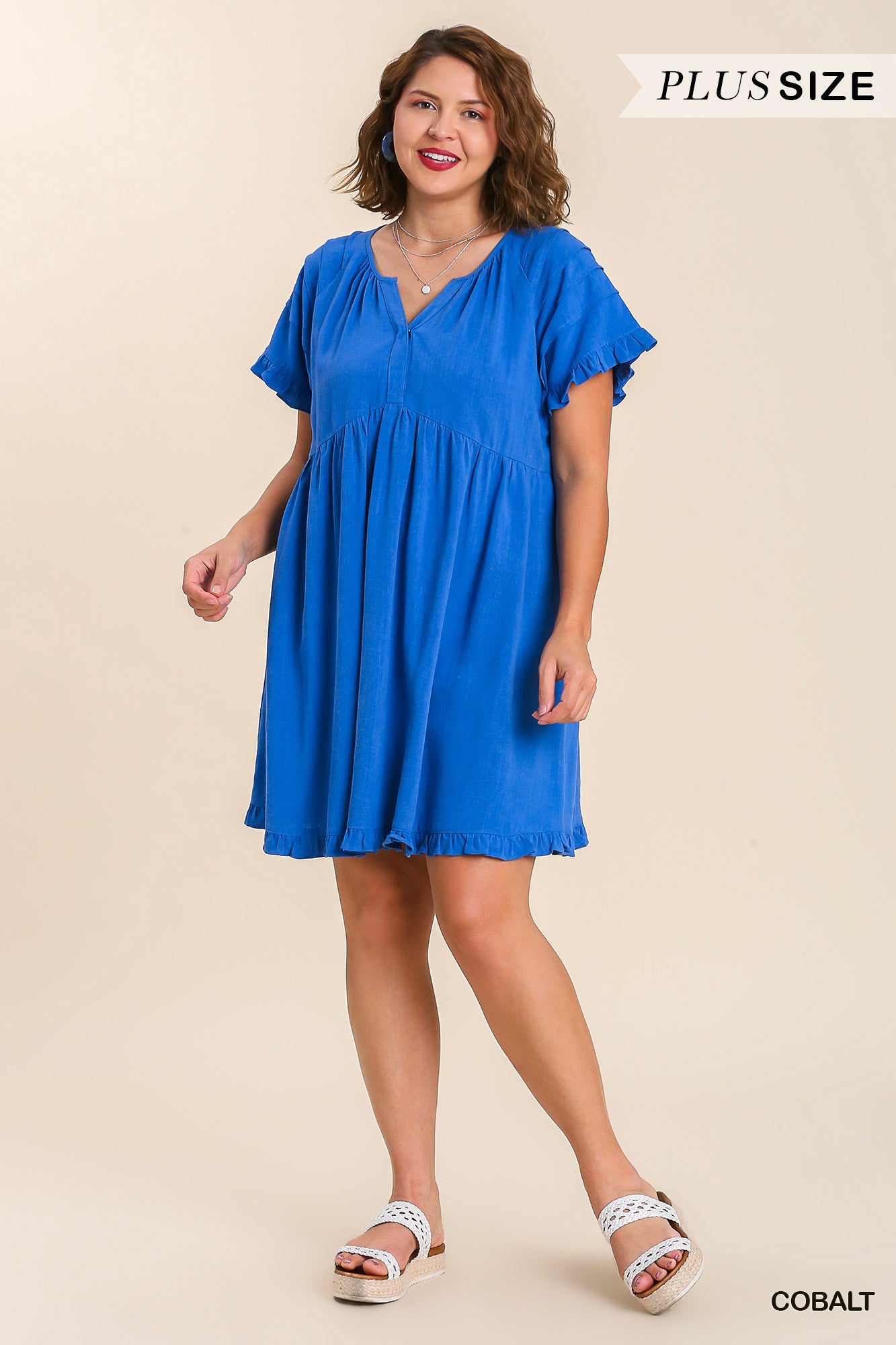 Umgee Plus Linen Blend Pin Tuck Ruffle Sleeve No Lining Dress