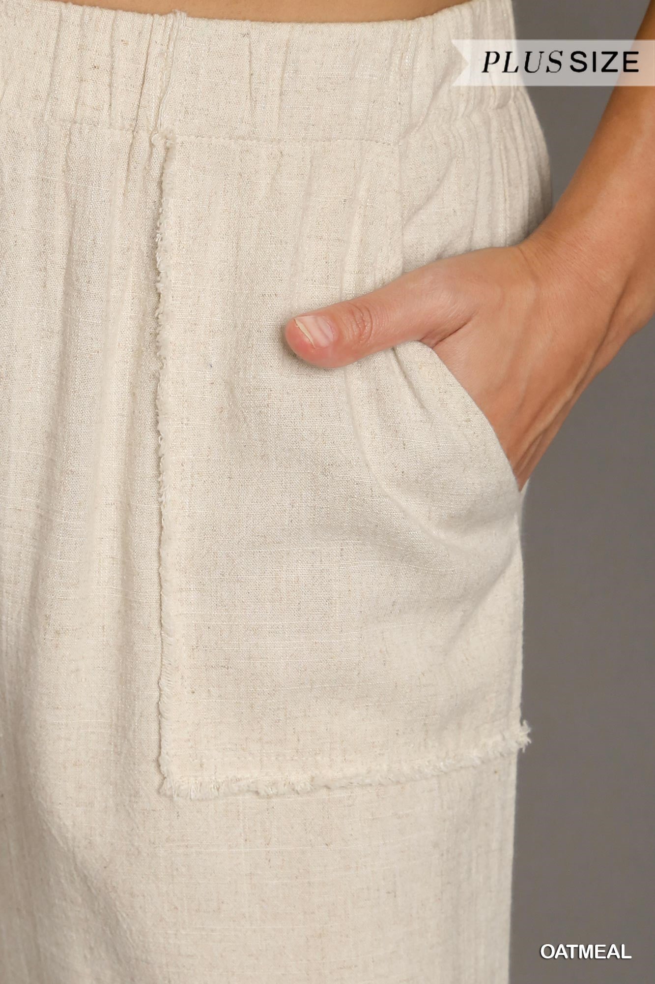 Umgee Plus Linen Blend Elastic Waist Band Wide Frayed Hem Pants