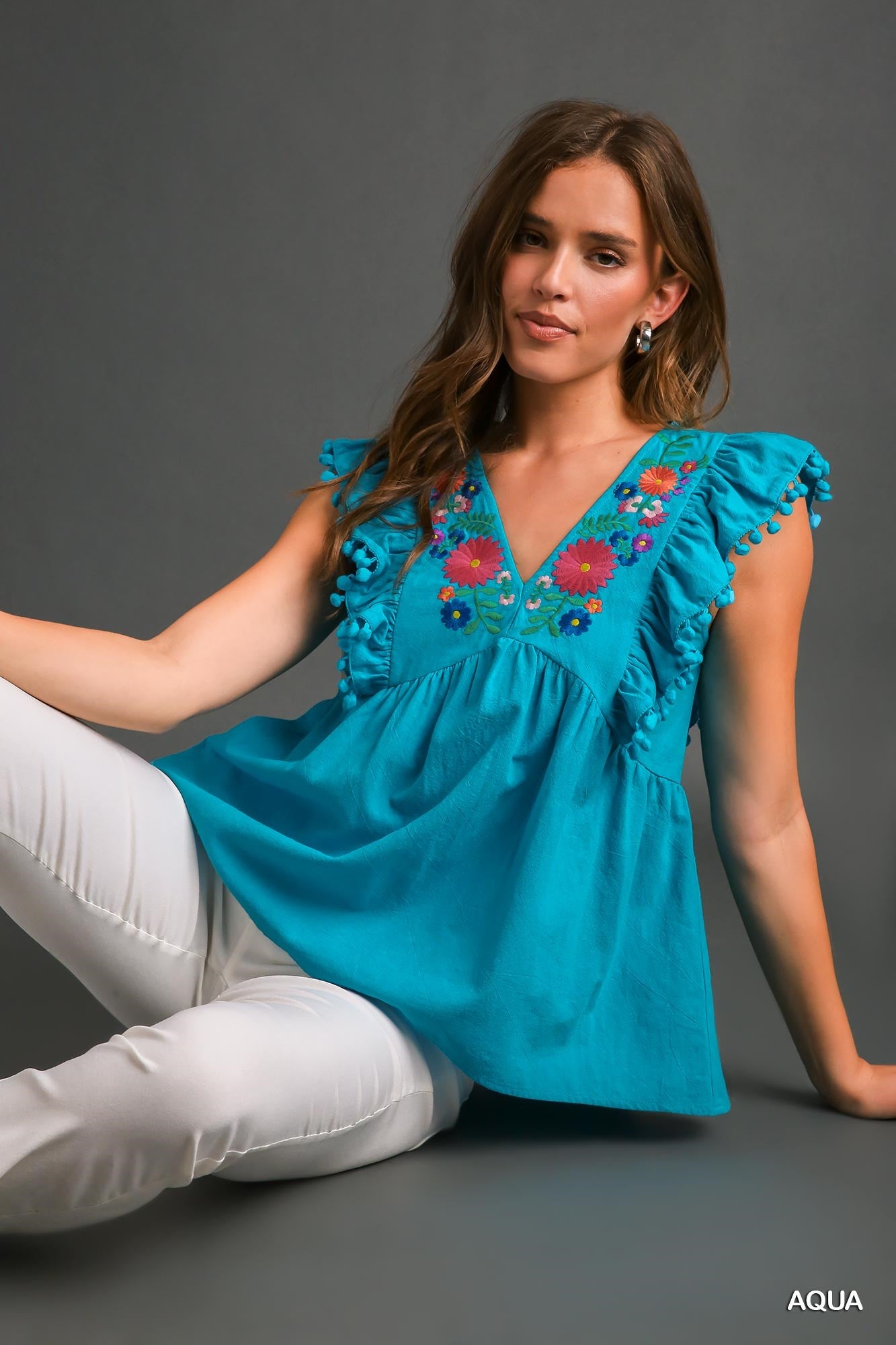 Umgee Floral Embroidery V Neckline Pom Pom No Lining Details Top