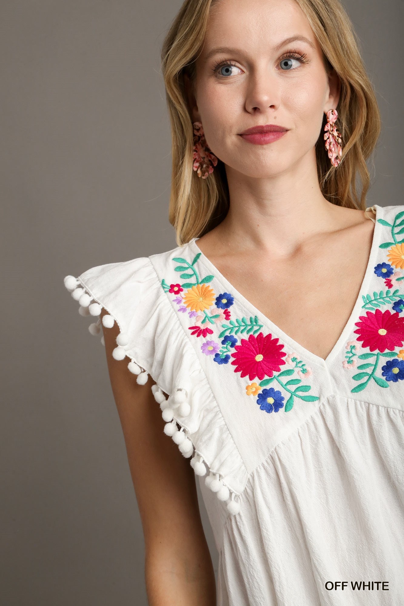 Umgee Floral Embroidery V Neckline Pom Pom No Lining Details Top - Roulhac Fashion Boutique