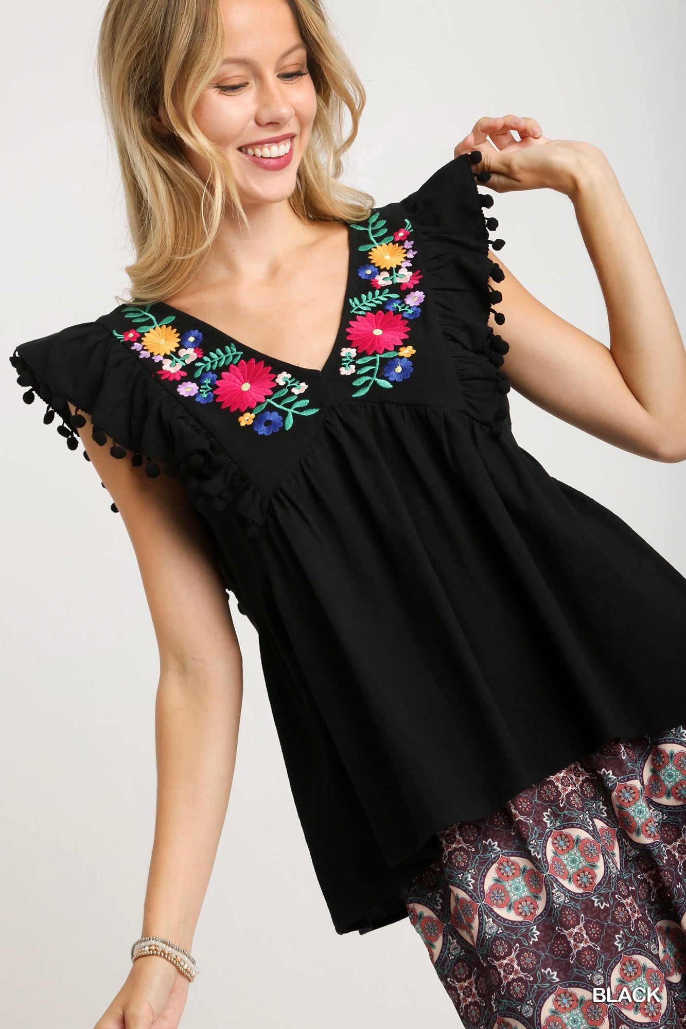 Umgee Floral Embroidery V Neckline Pom Pom No Lining Details Top