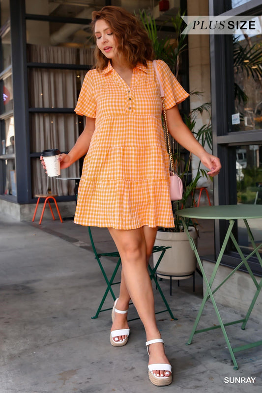 Umgee Plus Gingham Tiered Collared Button Button Short Sleeve Dress