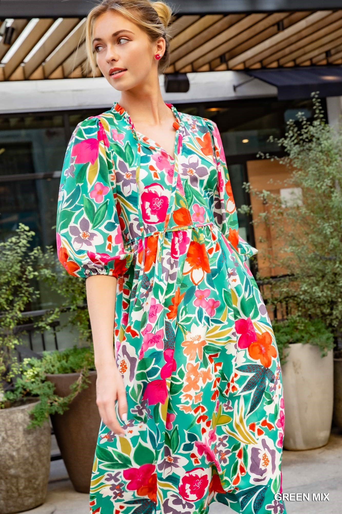 Umgee Mix Floral Print V-Notch Puff Sleeves Neck Tie Peasant Midi Dress