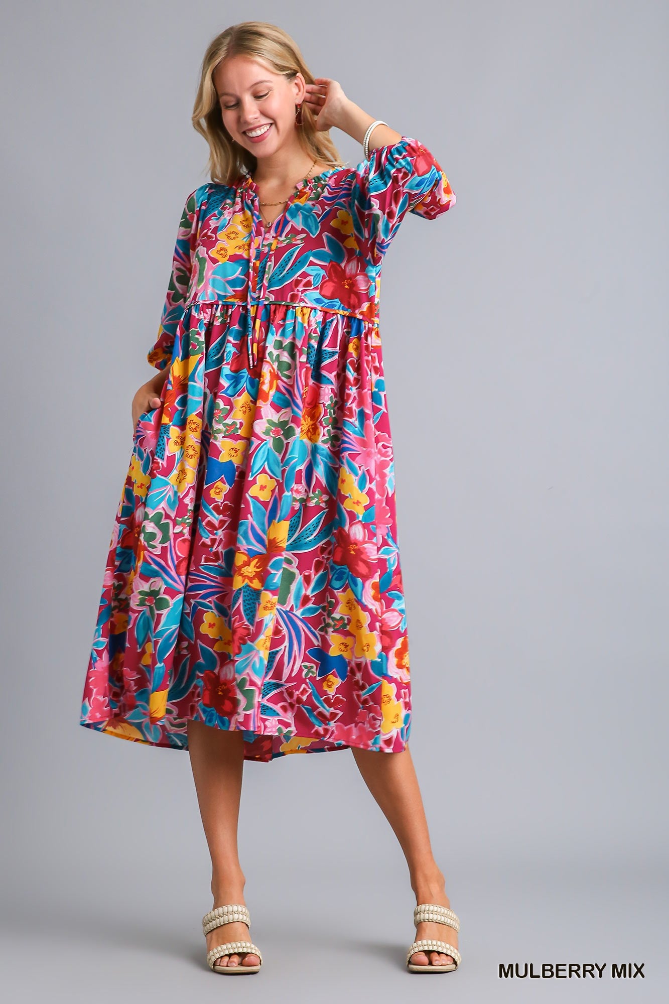 Umgee Mix Floral Print V-Notch Puff Sleeves Neck Tie Peasant Midi Dress - Roulhac Fashion Boutique