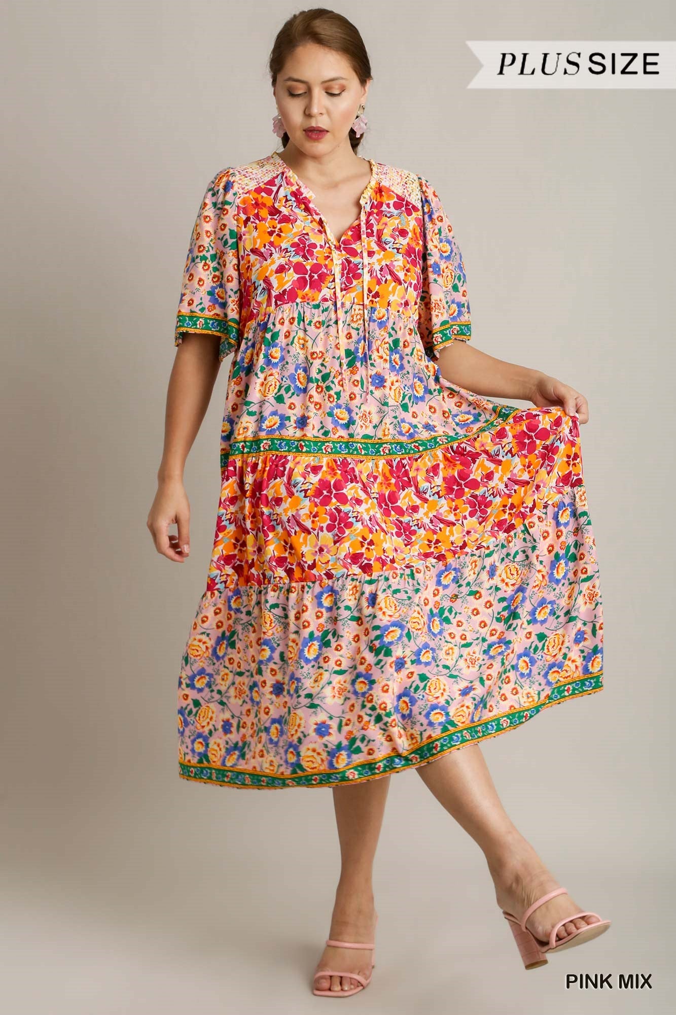 Umgee Plus Short Sleeve Mixed Floral Print Round Neck Maxi Split Neck Dress