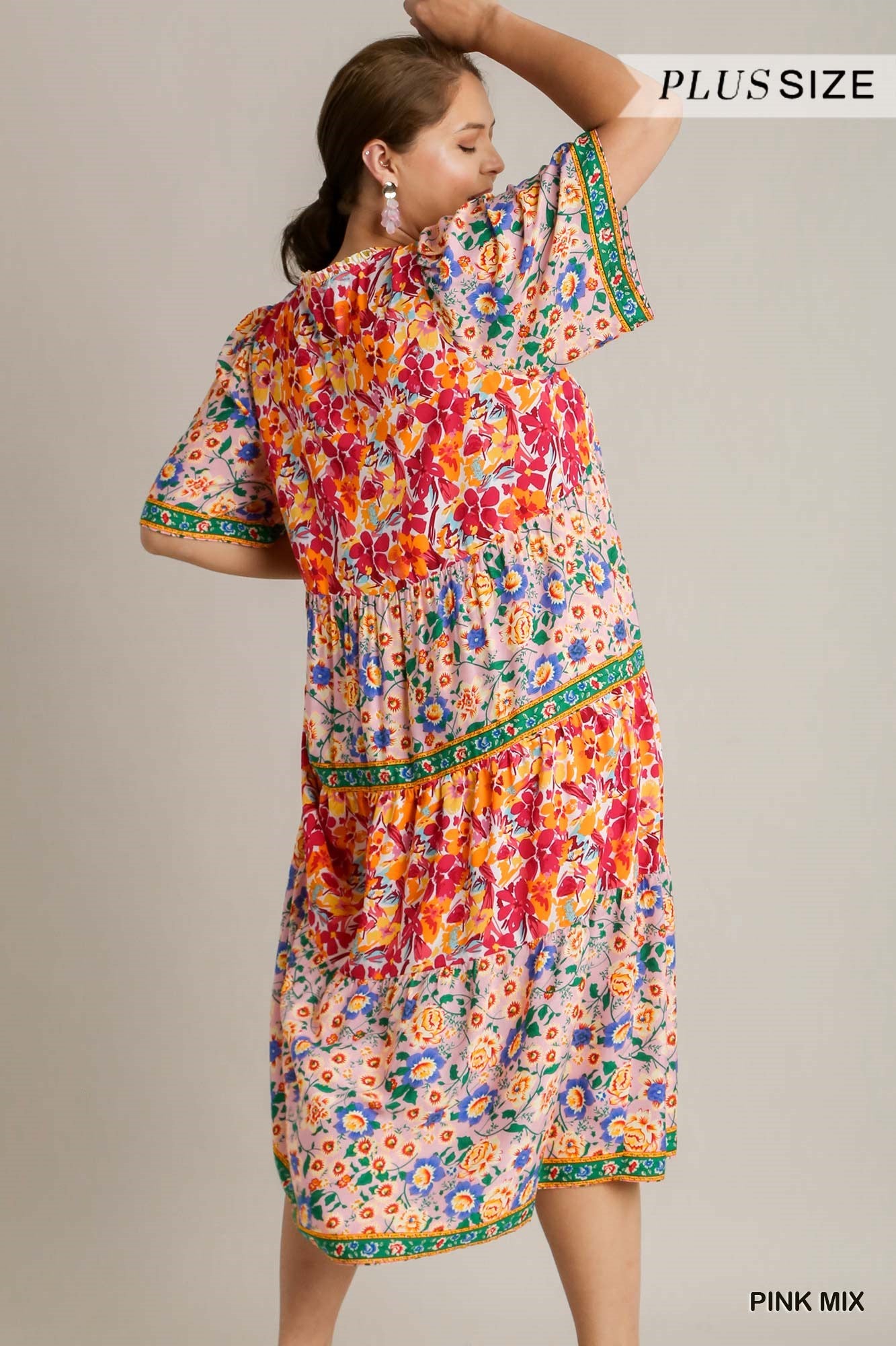 Umgee Plus Short Sleeve Mixed Floral Print Round Neck Maxi Split Neck Dress
