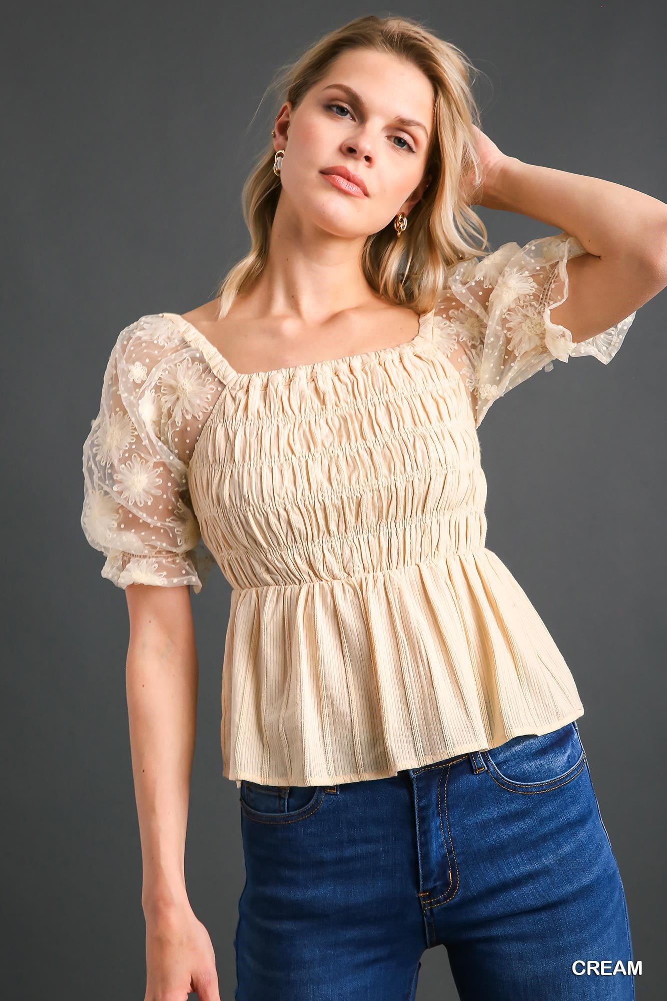 Umgee Woven Fabric 3D Floral Lace Smocking Chest Detail Top - Roulhac Fashion Boutique